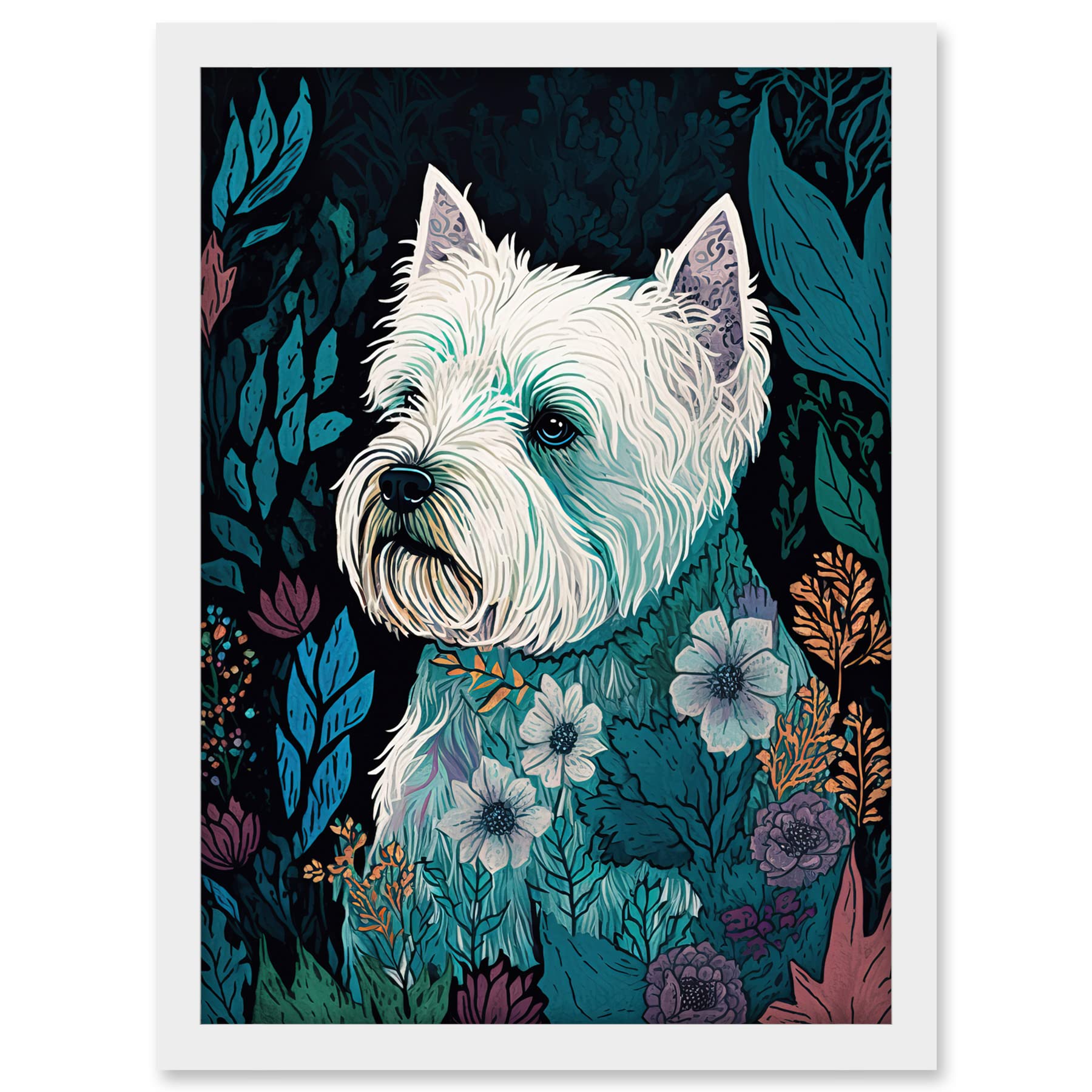 Artery8 West Highland White Terrier in Flowers Dark Multicoloured Linocut Illustration Artwork Framed A3 Wall Art Print