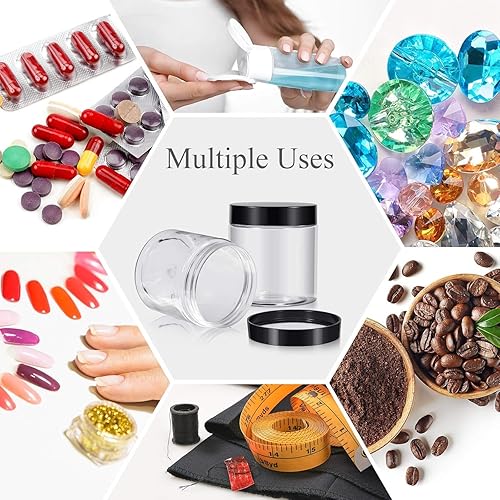 Miniatura 6 de 24 tarros redondos de apertura ancha de plástico transparente con tapas para almacenar líquidos y productos sólidos.