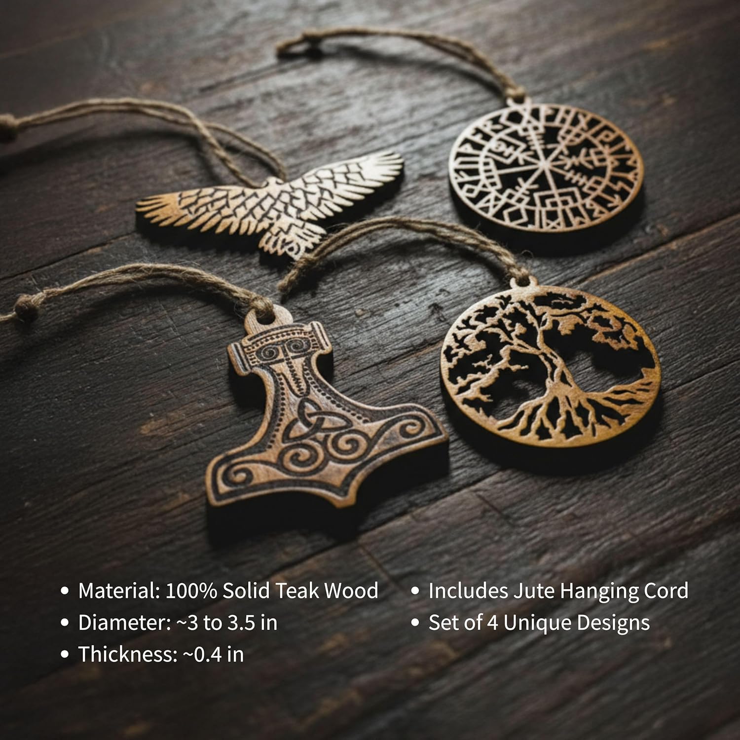 Norse Tradesman Viking Ornament Set – Handcrafted Solid Teak Wood – Four Norse Designs (Tree of Life, Thor's Hammer, Vegvisir and Raven) – Viking Decor & Yule Gift Set - Image 7