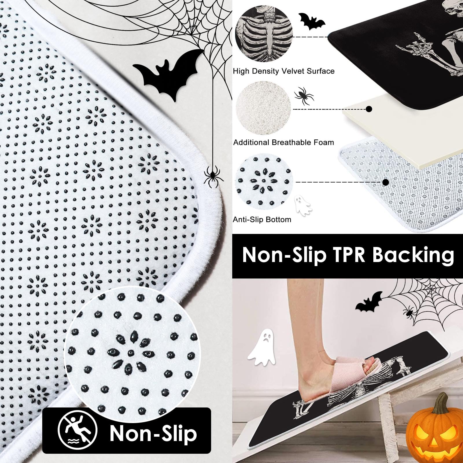 Juego de baño de esqueleto con cortina de ducha y alfombras, accesorios de calavera de roca de terror, retro, negro, cortina de ducha creativa para decoración de baño, 4 piezas 4