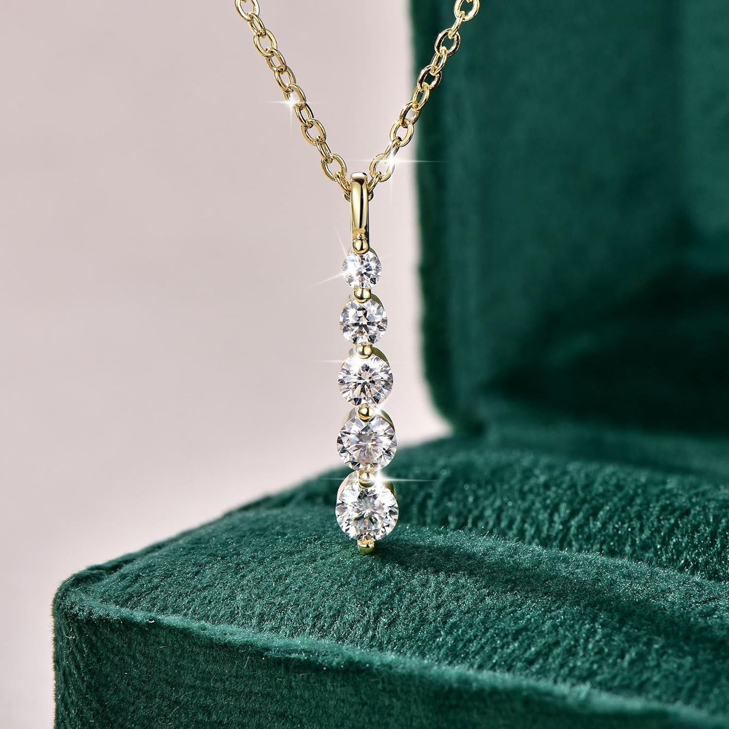 5 Stone Moissanite Pendant Necklace, 0.92cttw D Color Moissanite 14K Gold Plated 5-Stones Pendant for Women Mom Birthday Jewelry Gifts - Image 6