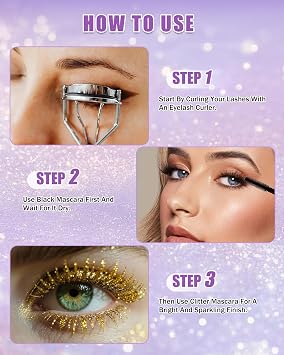 Black Glitter Mascara,Shimmer Sparkle Diamond Colored Mascara for Eyelashes Define Long Lasting Curling,Multi-Use Shimmer Voluminous Colorful Mascara Party Stage Use Eyes Makeup for Women-05