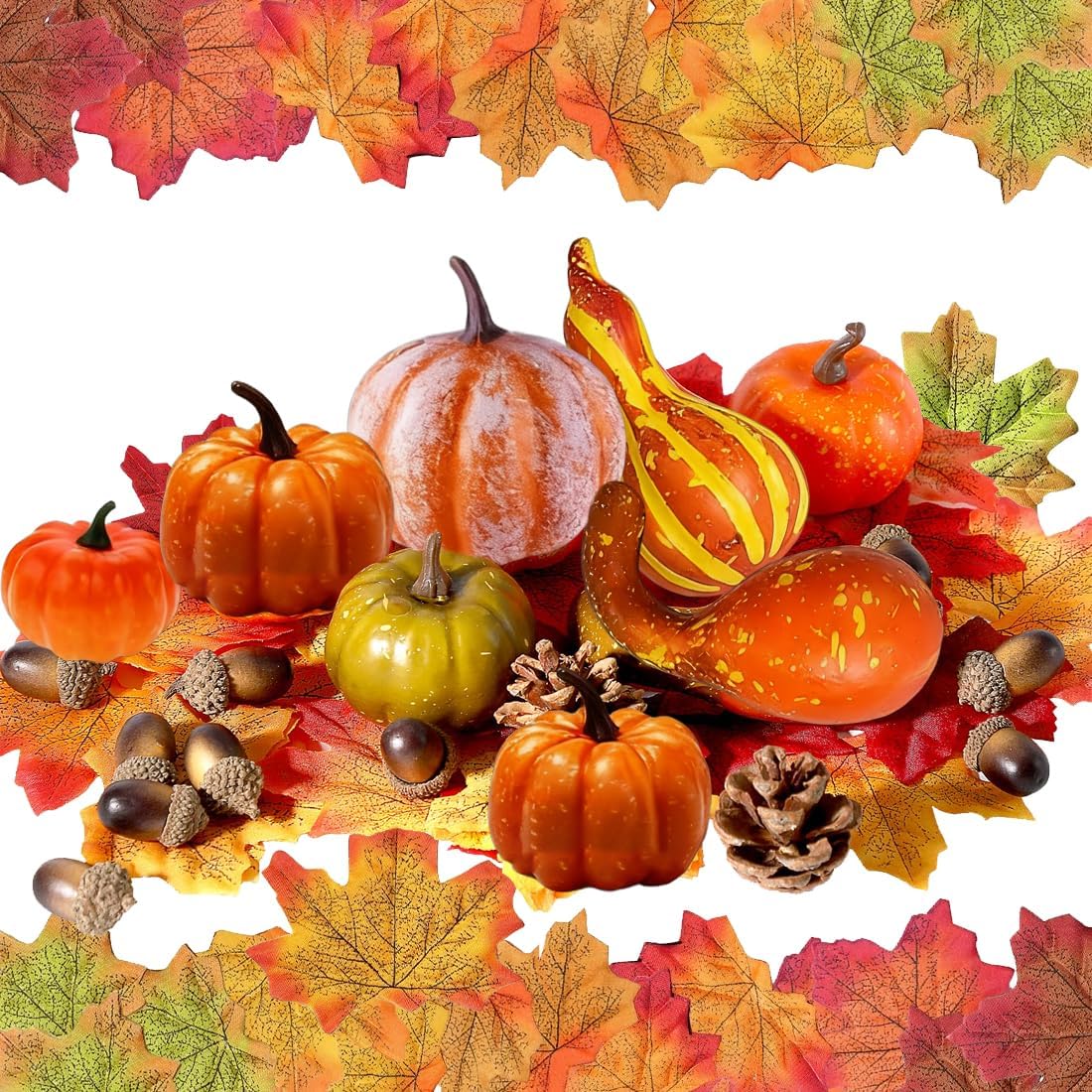 50 Piece Pumpkin Autumn Decoration Set Artificial Pumpkins Set Fake Pumpkins Maple Leaf Decoration Set Maple Leaves Acorns Pine Cones for Autumn Thanksgiving Decoration