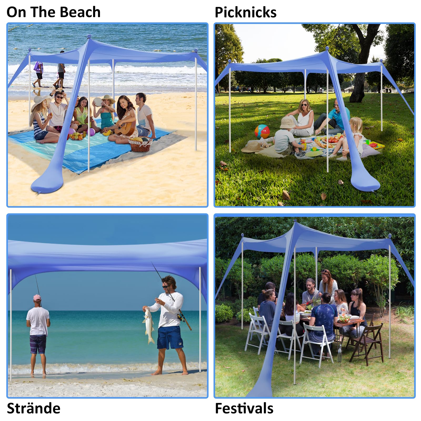 Riggo Tienda de playa, toldo SPF 50+, 3 × 3 m, con pala de arena, piquetas y barras de estabilidad, protección contra viento y sol, camping, pesca, diversión