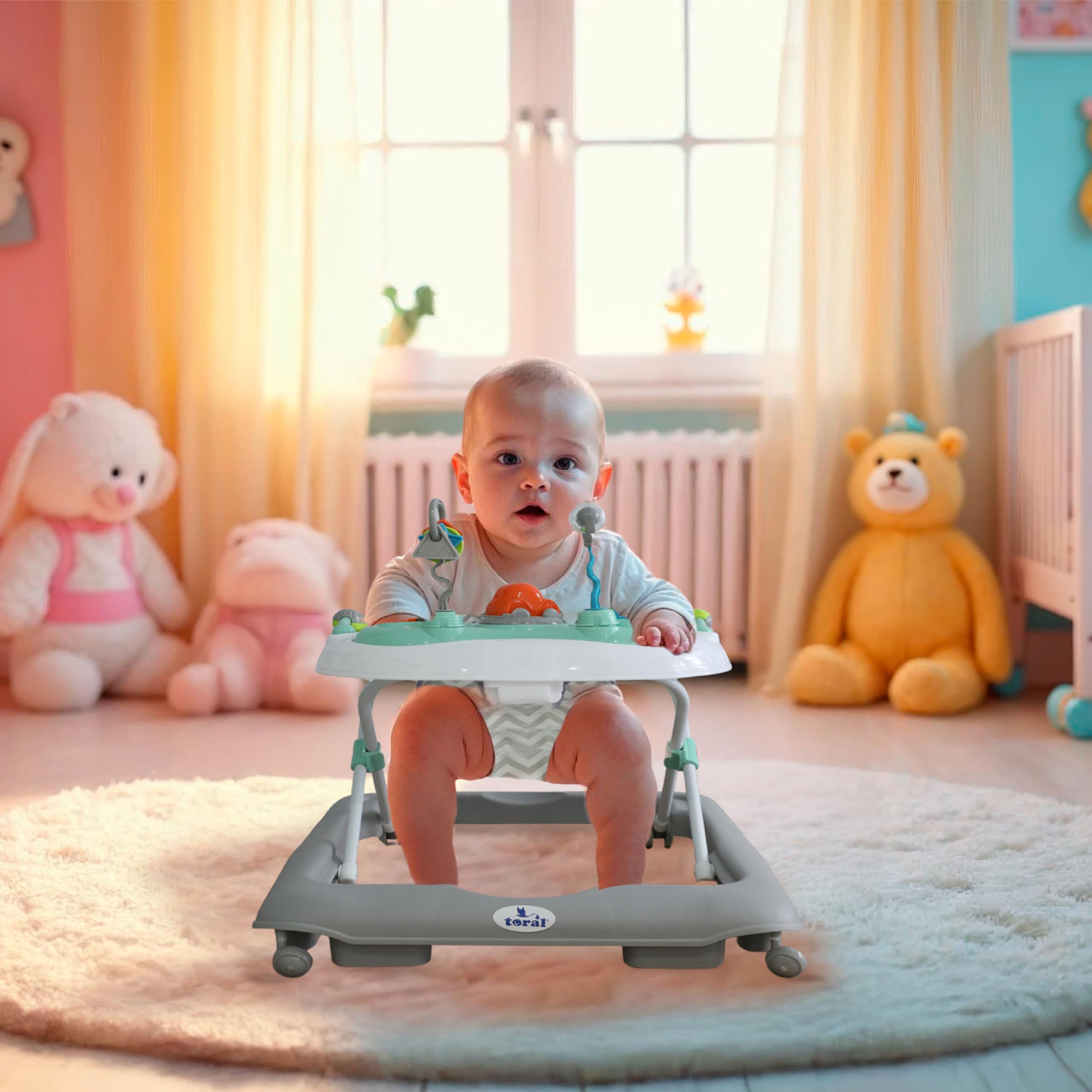 Toral Andador Bebes con Bandeja de Juegos y Altura Ajustable, Seguro Anticaídas, Correpasillos Bebe 1 Año, Tacata Bebe Ideal para Aprender a Caminar - Andador Bebe Modelo Sonajero Gris