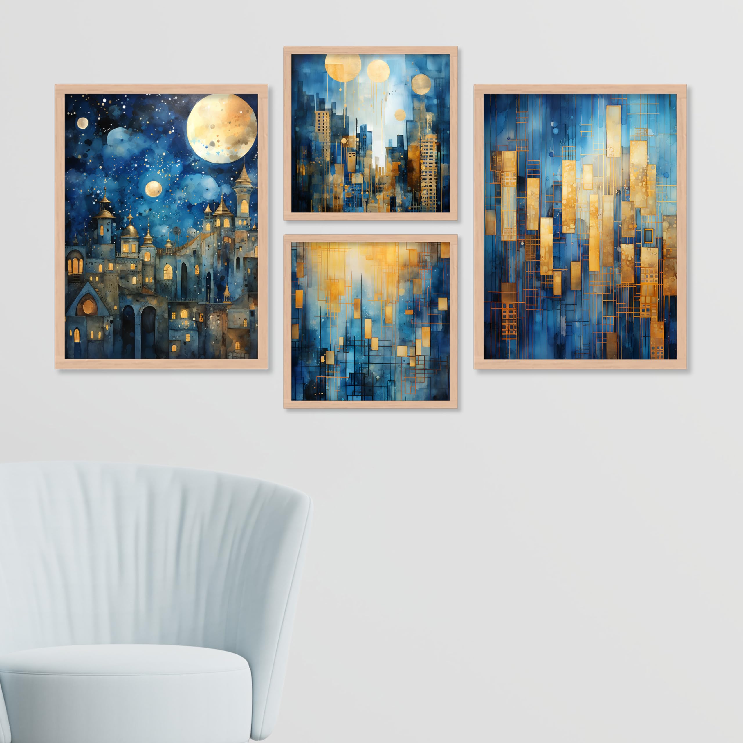BANGERZ Wall Paintings Scenery For Living Drawing Room Home, Paintings For Wall Decoration - Aesthetic Office Poster Frames For Bedroom Wall Decor Items (Set of 4) (Large, Digital Artwork 5) 4