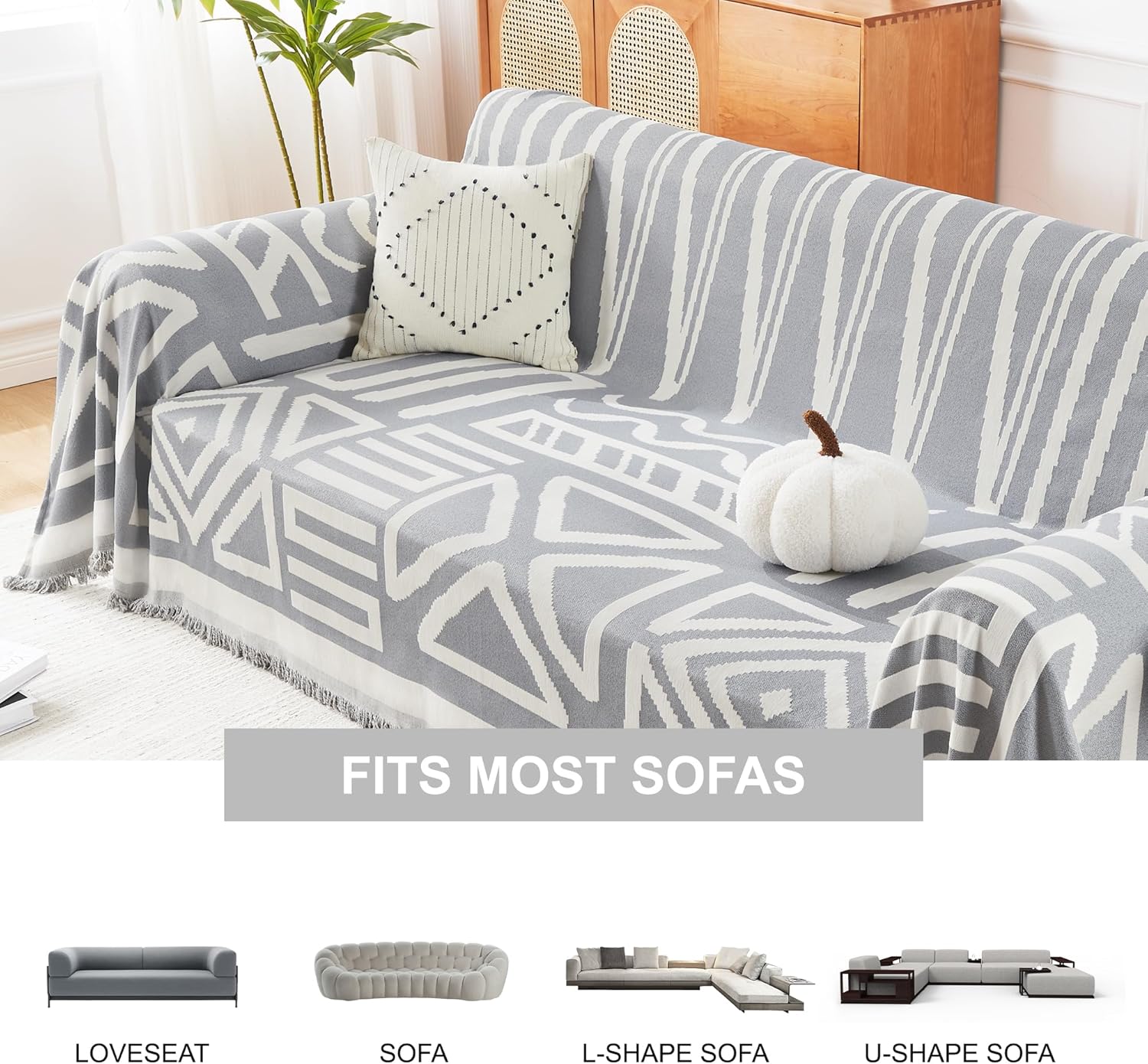 Andency Couch Cover Sofa Cover for 3 Cushion Oversized Slipover, Boho Washable Sectional Large Couch Covers for L-Shape Dogs Sofa Protector, Anti Slip Reversible Couch Covers, 71''x150'', Grey