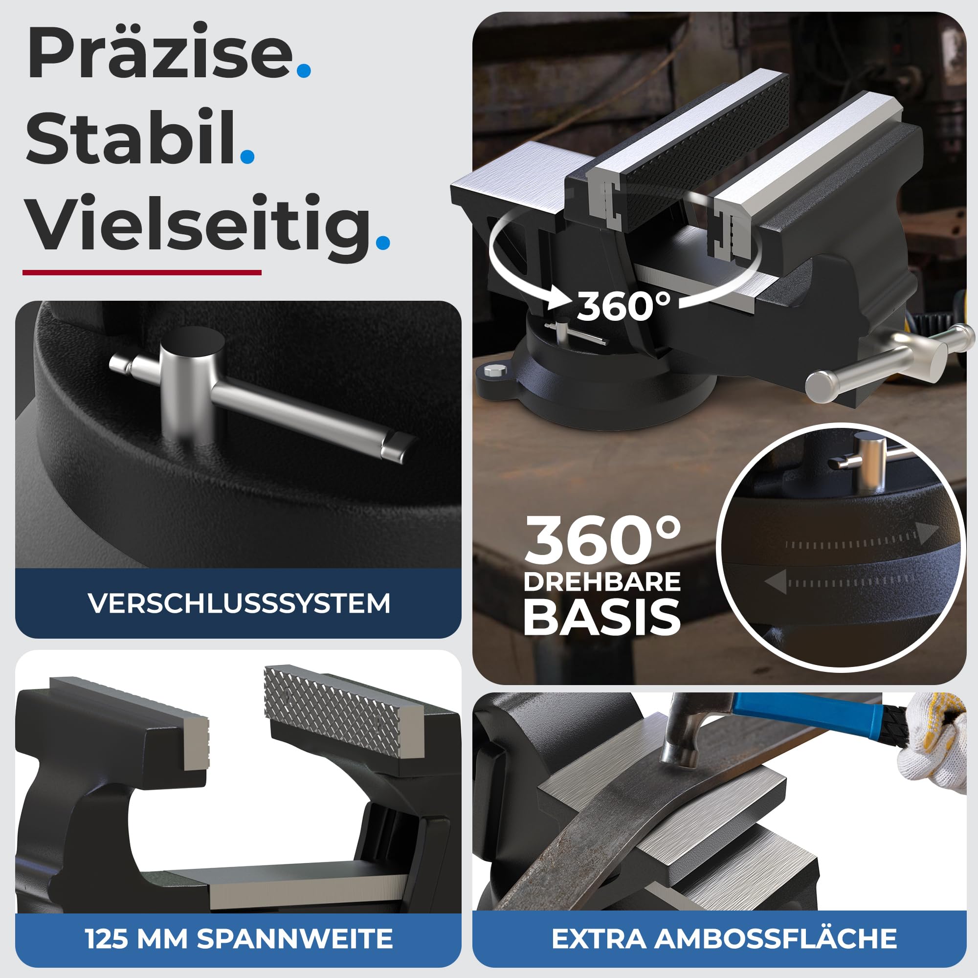 Profi Schraubstock 125mm aus Kugelgraphit-Gusseisen (Unzerbrechlich) | Inkl. 2 Gummi-Schutzbacken & Schrauben | 360° Drehbar mit Amboss | Robuster Werkstatt Parallelschraubstock