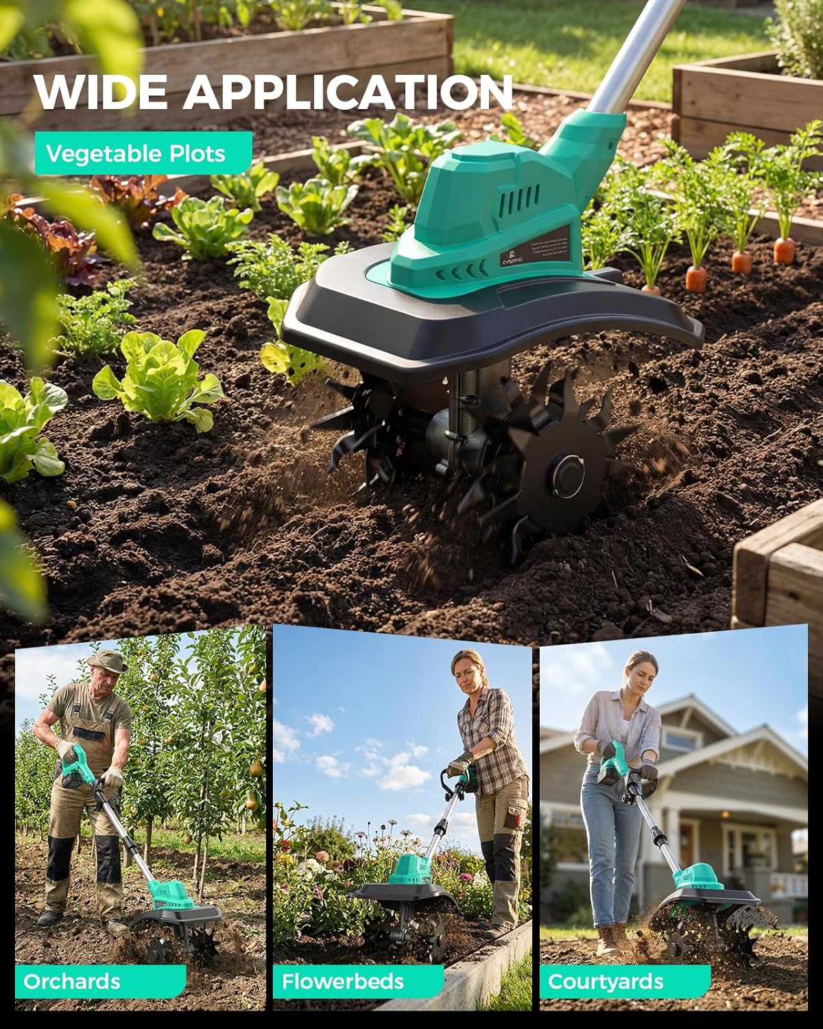 21V Cordless Tiller Cultivator for Gardening, 350 RPM Electric Garden Tiller with 2×3.0Ah Batteries, 9-Inch Tilling Width 7-Inch Depth Lightweight Hand Tiller for Soil Cultivation, Lawn, Composting