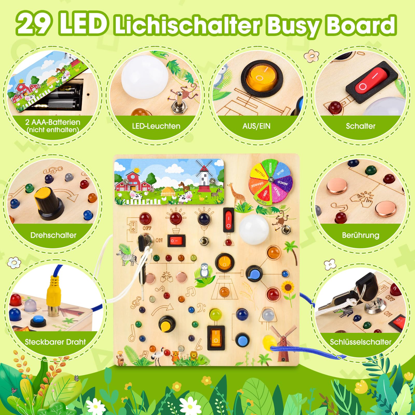 Fwiull Montessori Spielzeug ab 1 Jahr,Baby Montessori Busy Board,Activity Board Montessori ab 2 Jahr, Motorikspielzeug mit 29 LED-Lichtschalter Sensory Learning Toys Geeignet für 1 2 3 4 Jahre