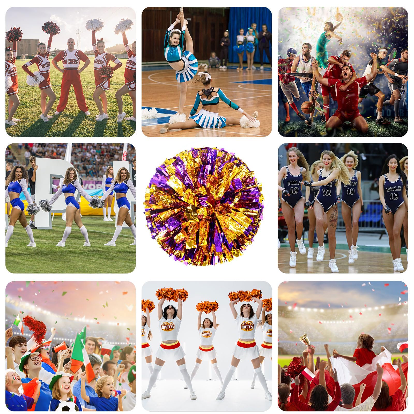 Pompons de Cheerleading (Lot de 16), Pompons Portables pour Le Basketball, Le Football américain et Le Volleyball. Accessoires pour Les Cheerleaders.
