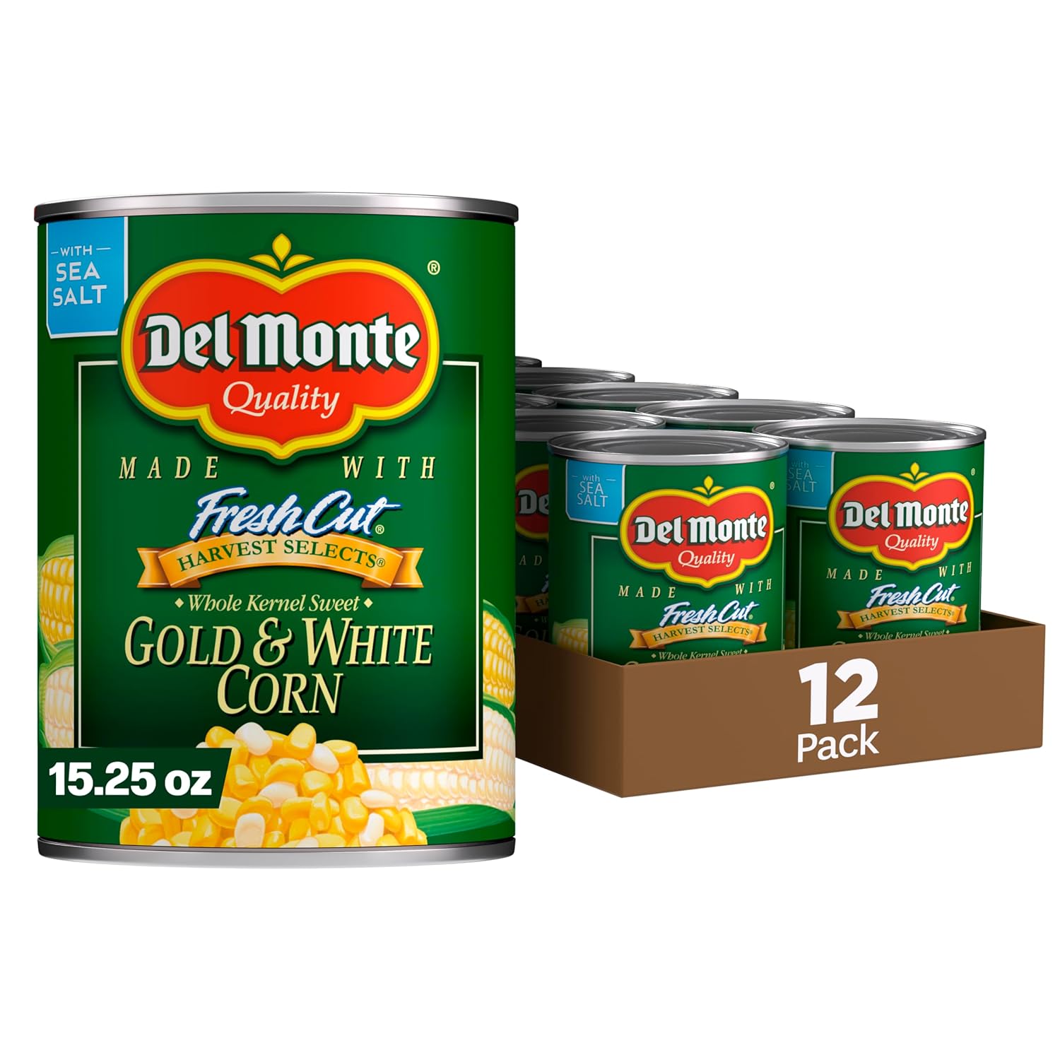 DEL MONTE FRESH CUT HARVEST SELECTS Sweet Gold and White Whole Kernel Corn Canned Vegetables, 12 Pack, 15.25 oz Can.