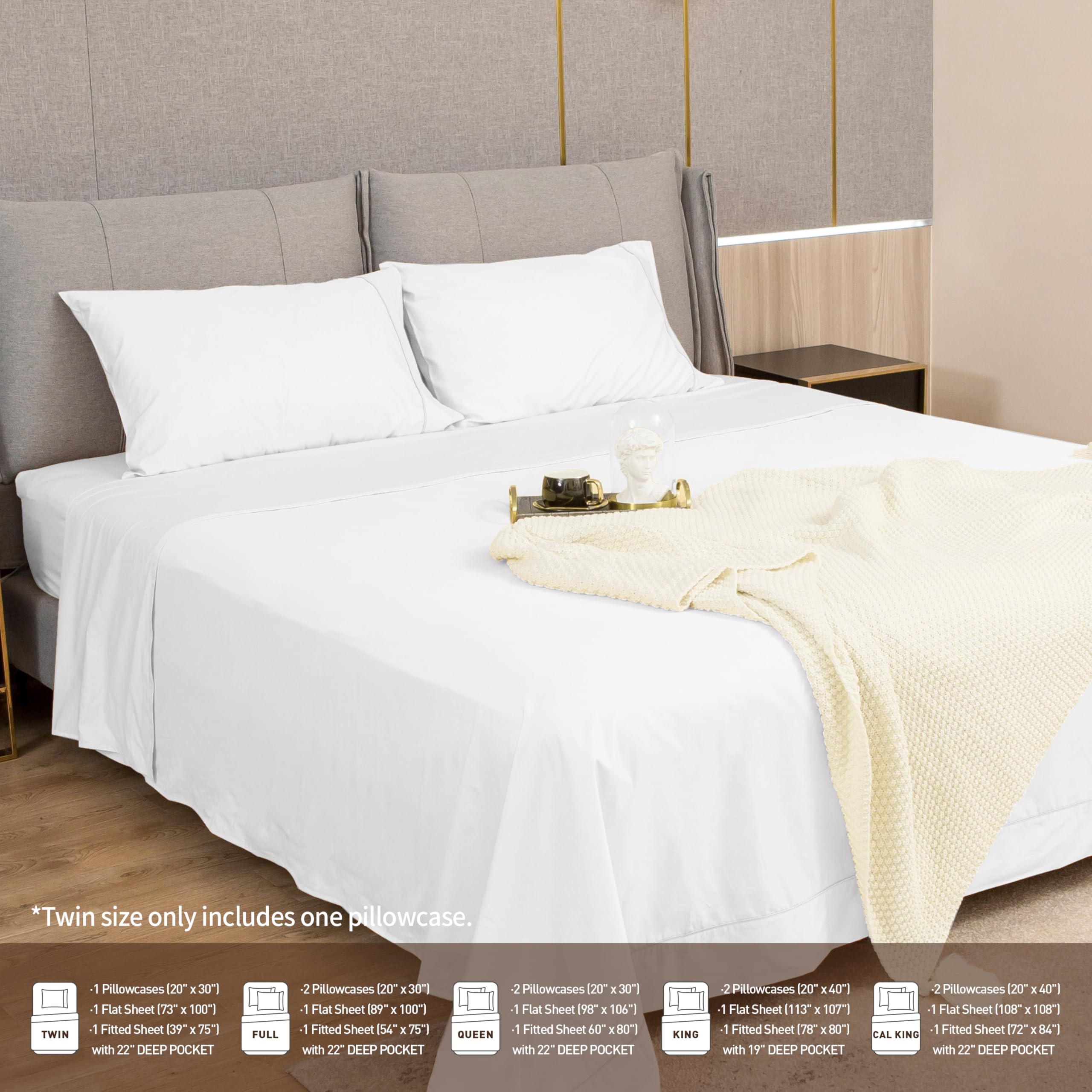 sunflower 4-częściowy komplet pościeli na łóżko queen-size, głęboka kieszeń, 100% bawełna, prześcieradło na łóżko queen queen 40 cm, miękkie i oddychające, ze srebrnym wykończeniem, białe
