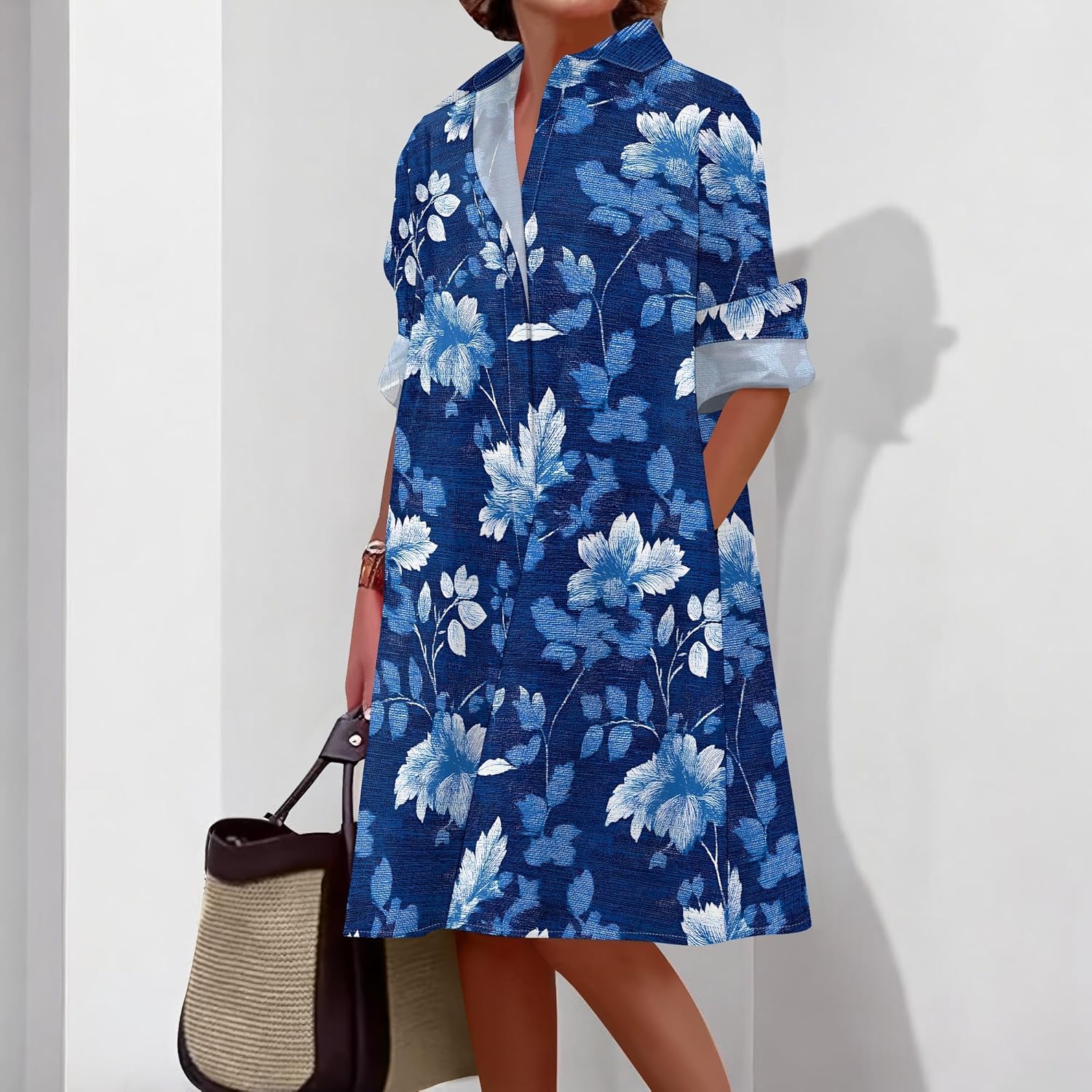 Shirt Dresses for Women 2025 Summer Long Sleeve Casual Plus Size Floral Printed Beach Vacation Dress with Pockets - Image 2