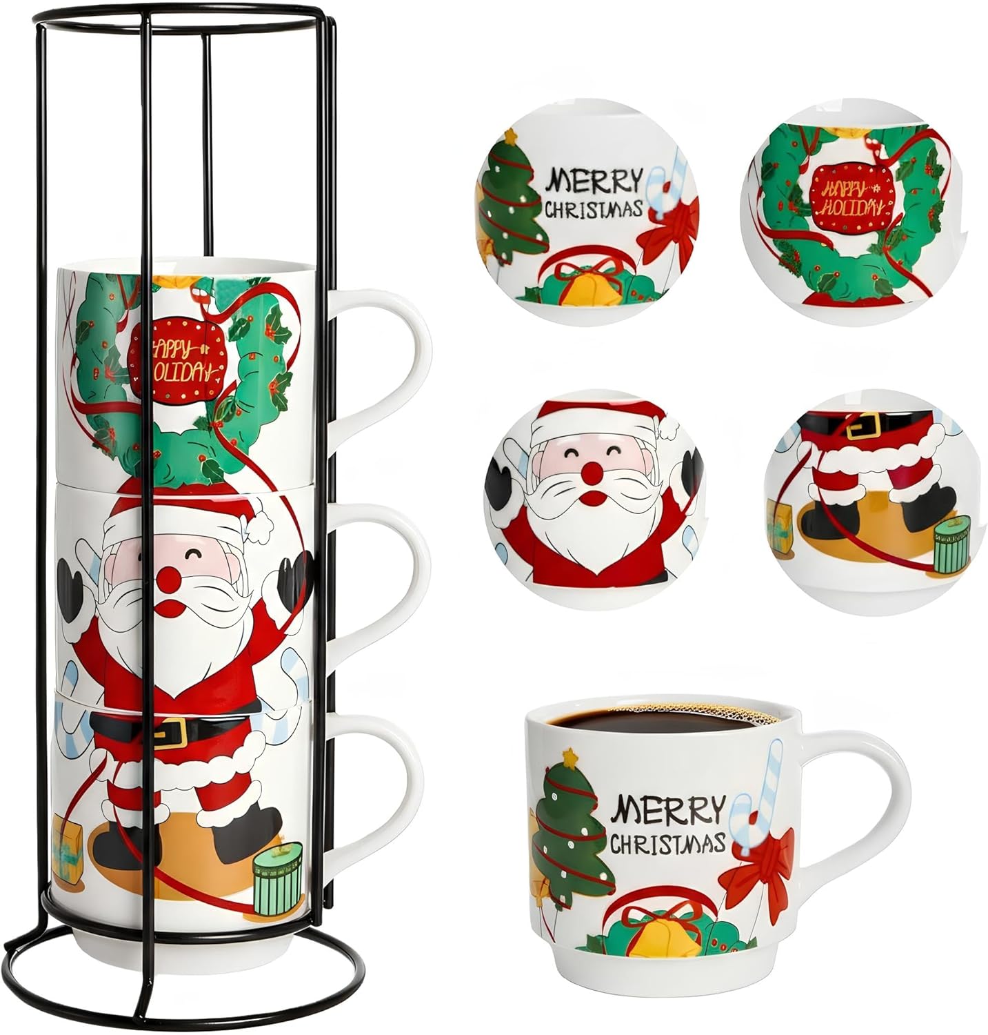 Peohud Set of 4 Christmas Coffee Mugs, 14 Oz Stackable Cappuccino Cups with Metal Stand, Porcelain Holiday Hot Cocoa Mugs Gift Set for Families, Friends, Latte, Americano, Milk, Beverages