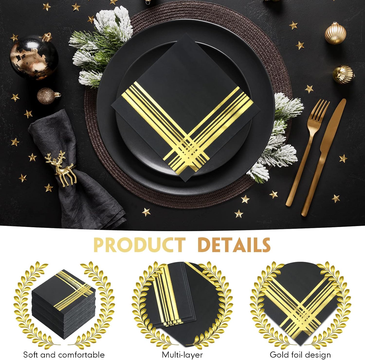 Mimorou 200 Pcs Black and Gold Cocktail Napkins, 5 x 5 Inch Disposable Dessert Beverage Napkins with Gold Trim for Graduation Wedding Anniversary Kitchen Birthday Party