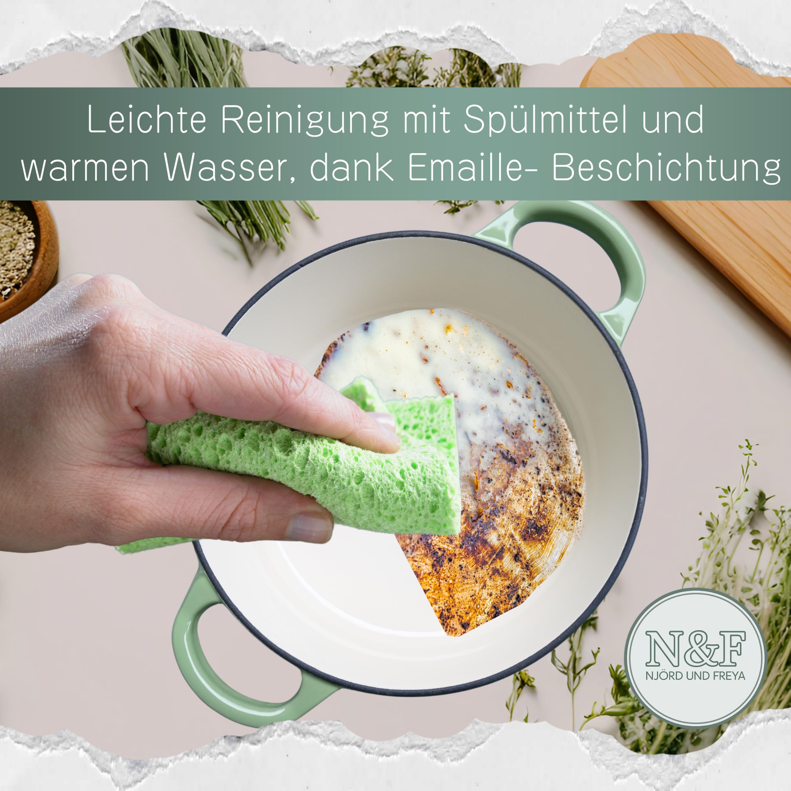 Njörd & Freya® Gusseisentopf 24 cm – Brotbacktopf emailliert mit Deckel – Dutch Oven für Brot, Braten & Eintöpfe – Gusstopf backofenfest, Induktion geeignet, Gusseisener Topf
