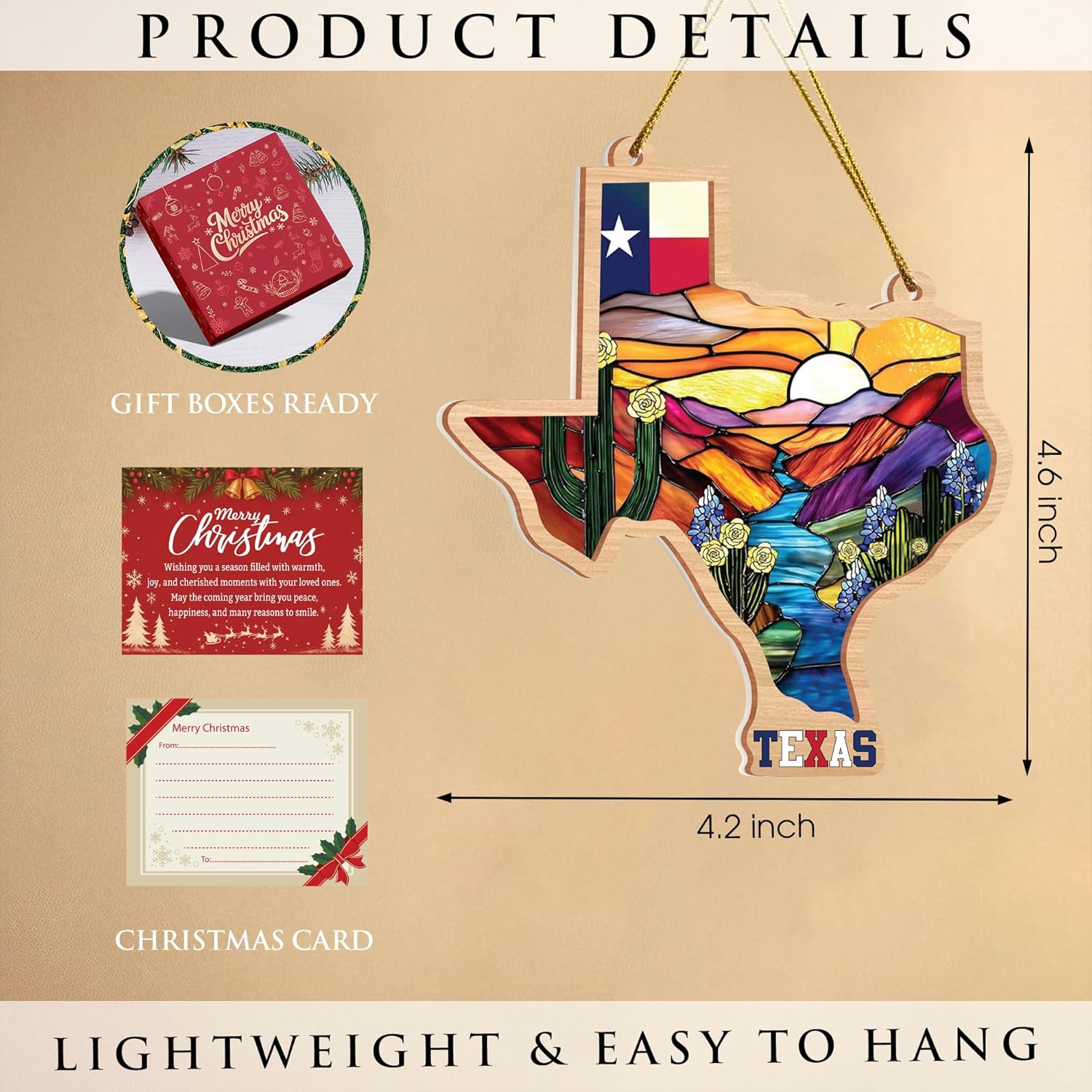 Texas Stained-Glass Look Ornament, Double-Layer Wood & Acrylic State Shape with Flag, Bluebonnets & Cactus, Christmas Ornament for Tree, Ready-to-Gift - Image 2