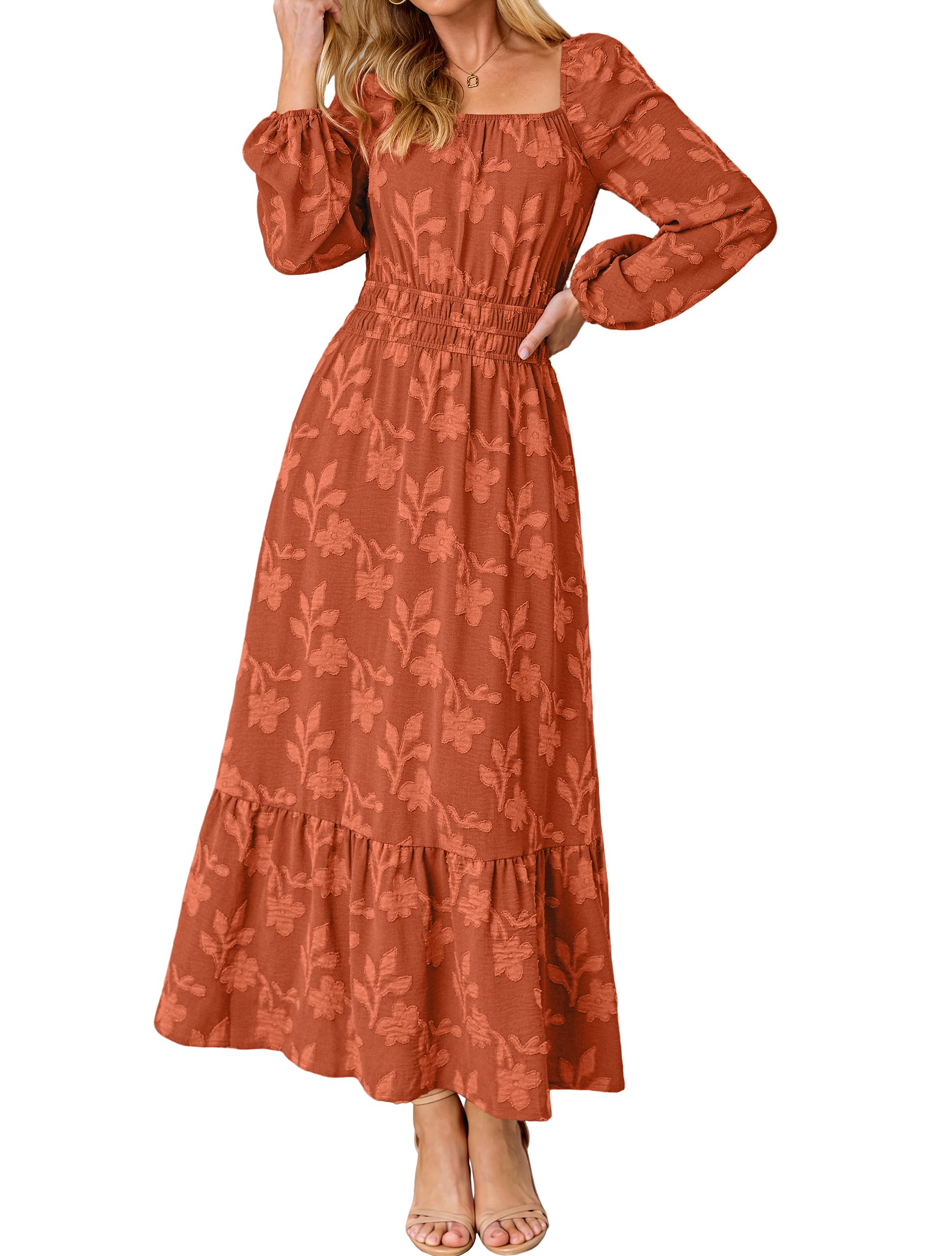 Simplee Womens Floral Maxi Dress Boho Flowy Fall Wedding Guest Dresses | Square Neck, Puf…