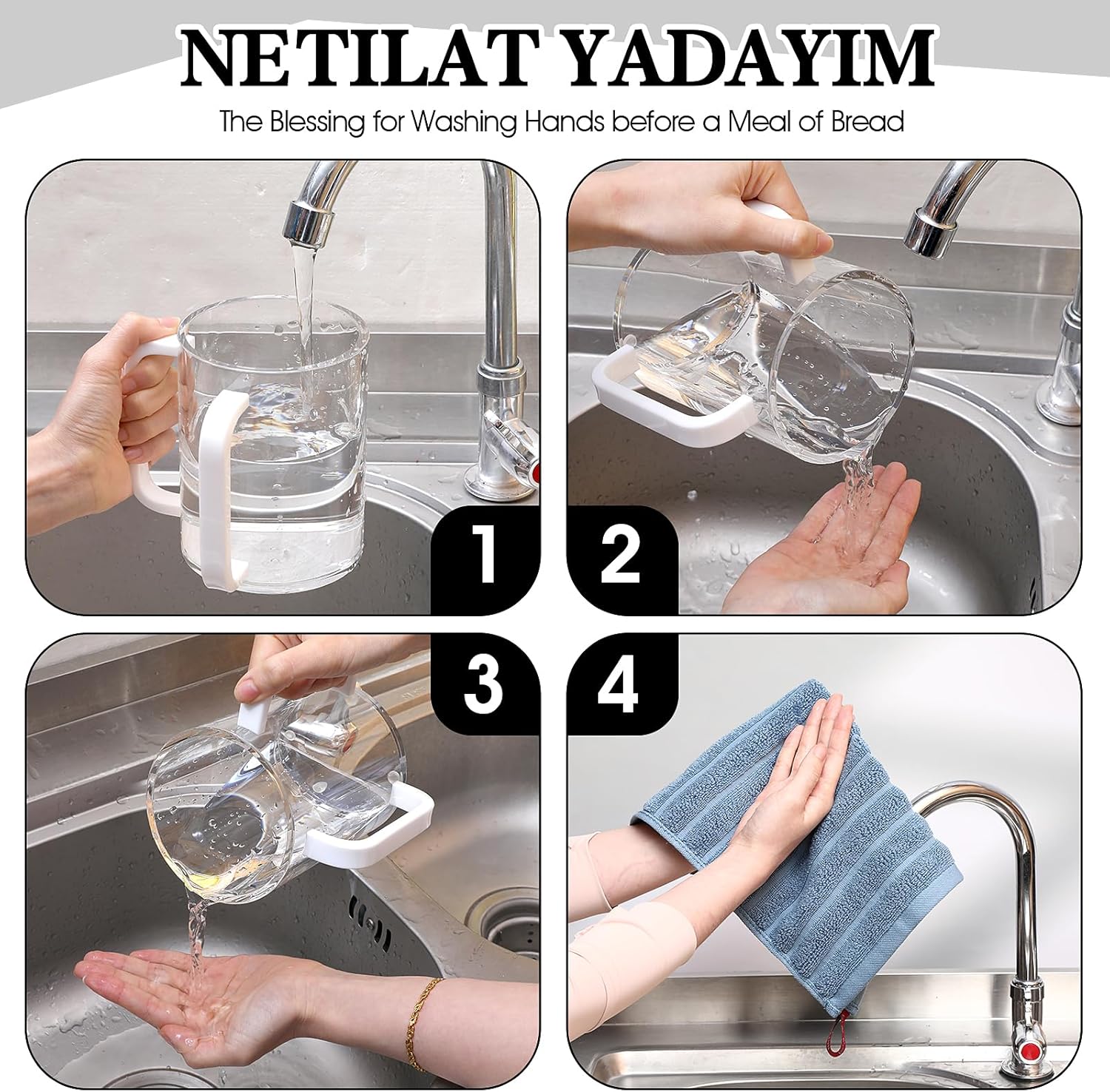 MAQUITA Judaica Hand Washing Cup with Dual Handles, 5" Acrylic Wash Cup for Jewish Ritual (White)