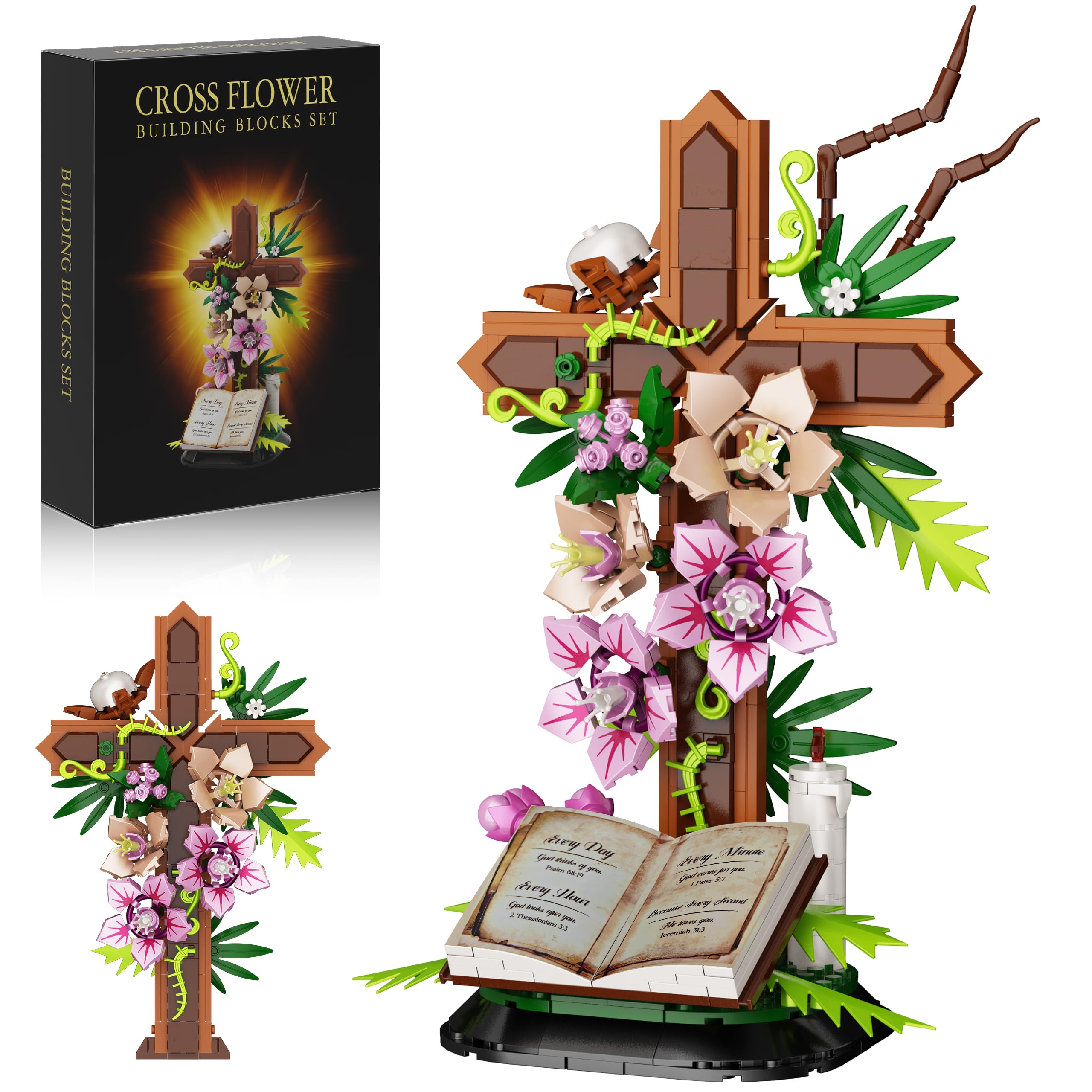 Cross Flower Building Set, Religious Cross Collectibles Compatible with Lego Jesus Catholic Building Toys, Easter, Christian, Birthday Gifts for Mothers, Women or Adults