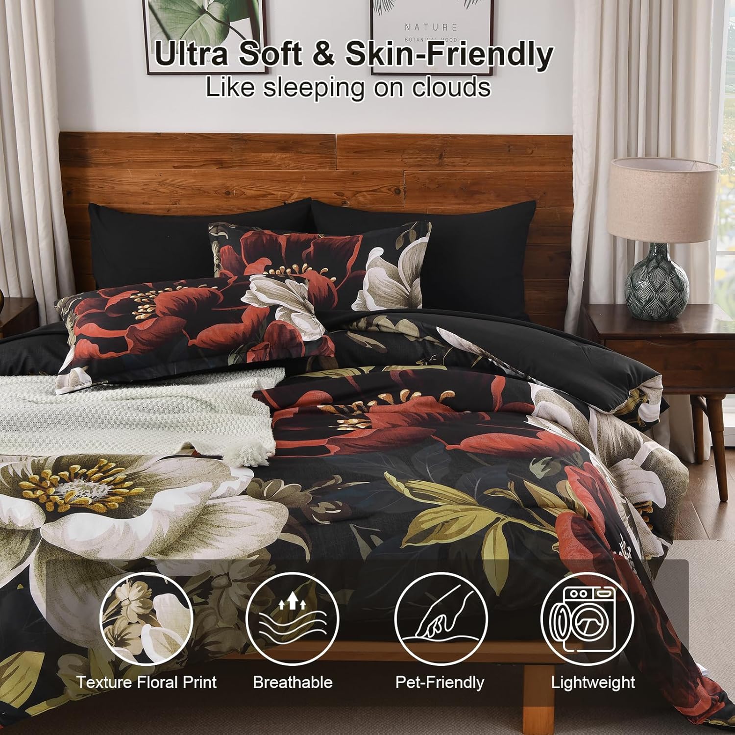 Dintszyayue Black Comforter Set Queen Size, 7 Pieces Floral Bed in a Bag Set, Texture Red Flower Bedding Sets, Soft Microfiber for All Season with Flat Sheet Fitted Sheets Pillowcases and Shams - Image 4