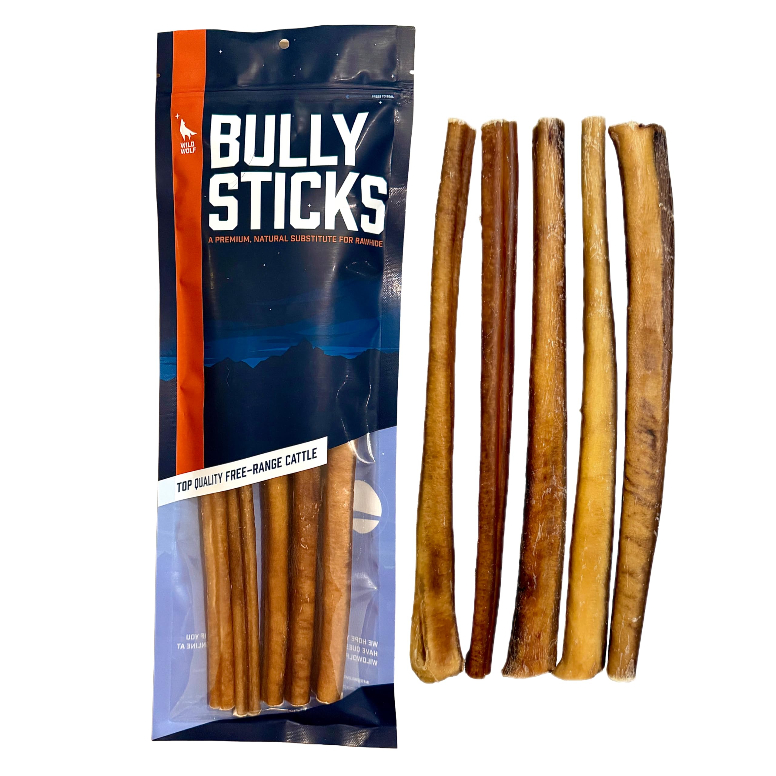 Wild Wolf 12-inch Angus Bully Sticks (8oz./~5 Sticks) Healthy, All-Natural, Long-Lasting Dog Chew Bones - Low Odor - Mixed Thickness - Lab-Tested, Hand-Inspected and Packed with Love in The USA