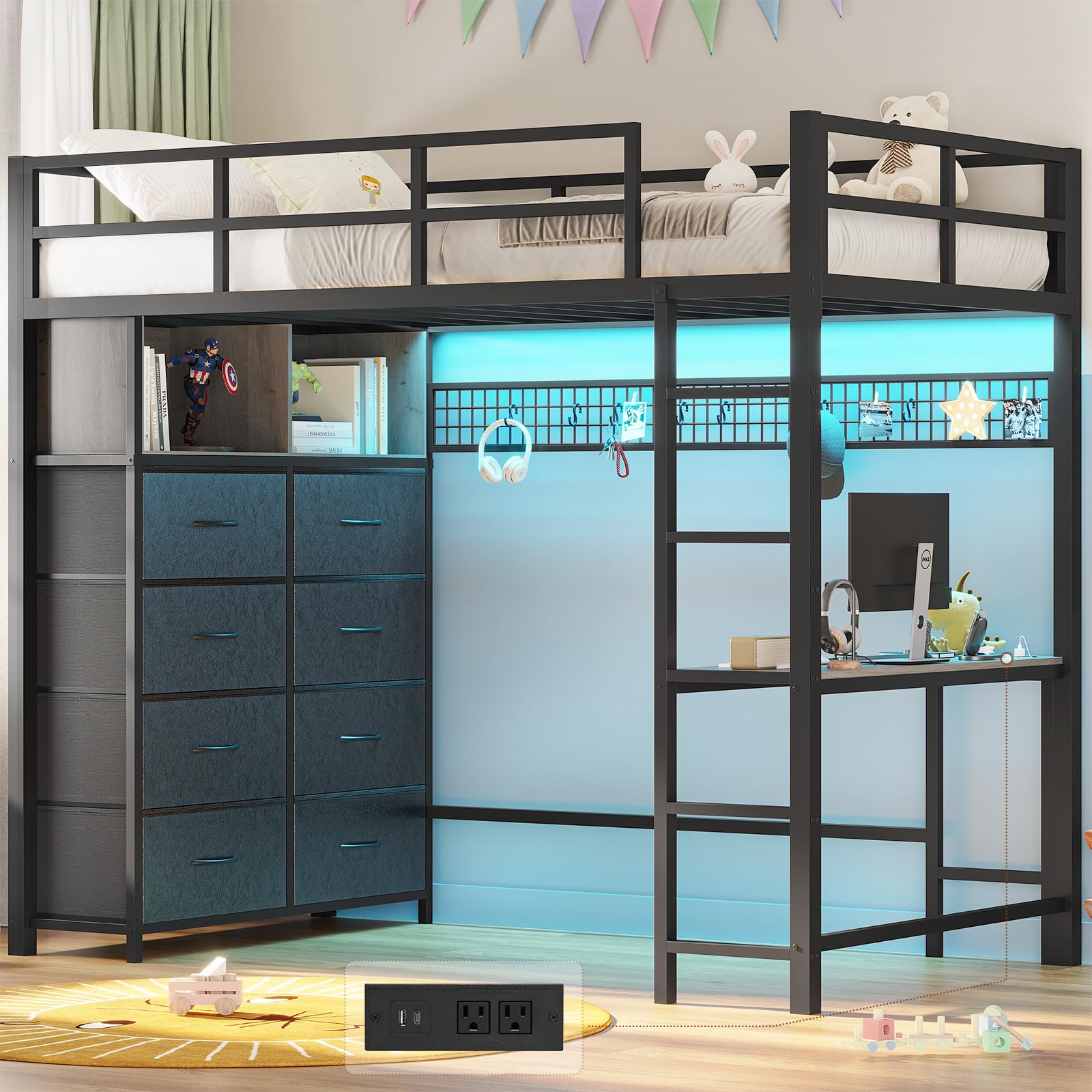 ADORNEVE Twin Size Loft Bed with Desk and 8 Storage Drawers, Metal Loft Bed Twin with LED Lights & Charging Sation, Storage Shelves, 13.1" H Safety