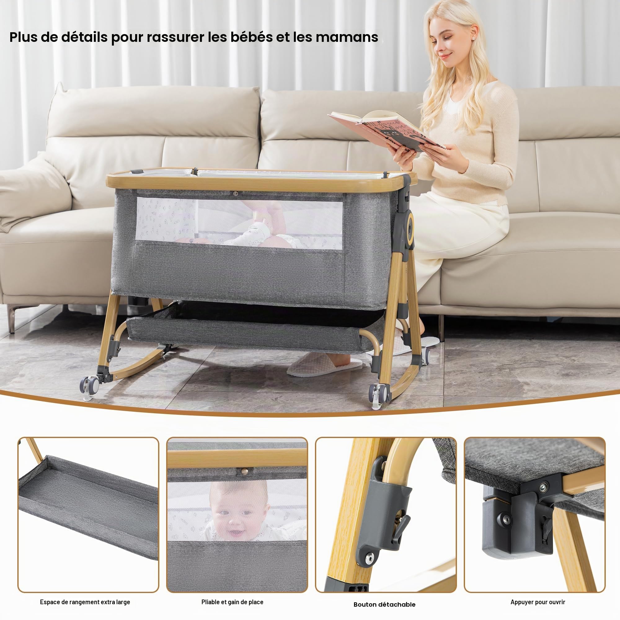 YAZOCO Berceau Bébé 3 en 1 Lit Cododo avec Matelas, Hauteur Réglable 6 Niveaux, Inclinaison 5° Scientifique, Panier Rangement Gris
