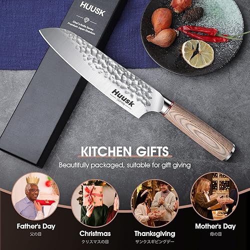 Vista 5 de Huusk Cuchillo japonés Santoku de chef de 7 pulgadas, cuchillo profesional de cocina de acero de alto carbono, cuchillos Santoku japoneses