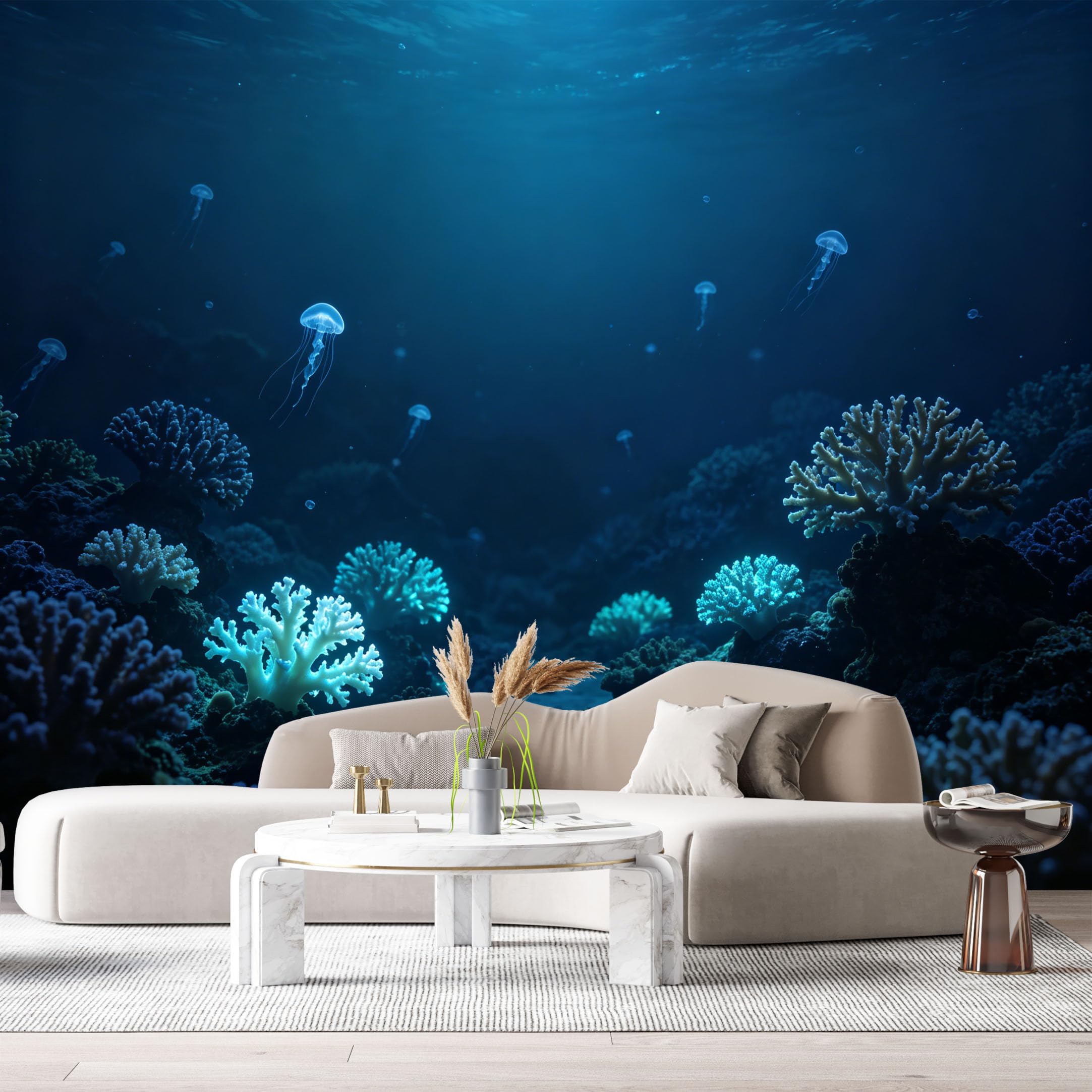 Custom Size Wall Murals Ocean Marine 3D Bioluminescent Jellyfish Coral Reef Deep Sea Underwater Scenery SelfAdhesiveWall Fabric Removable Wallpaper Wall Decor for Living Room Bedroom
