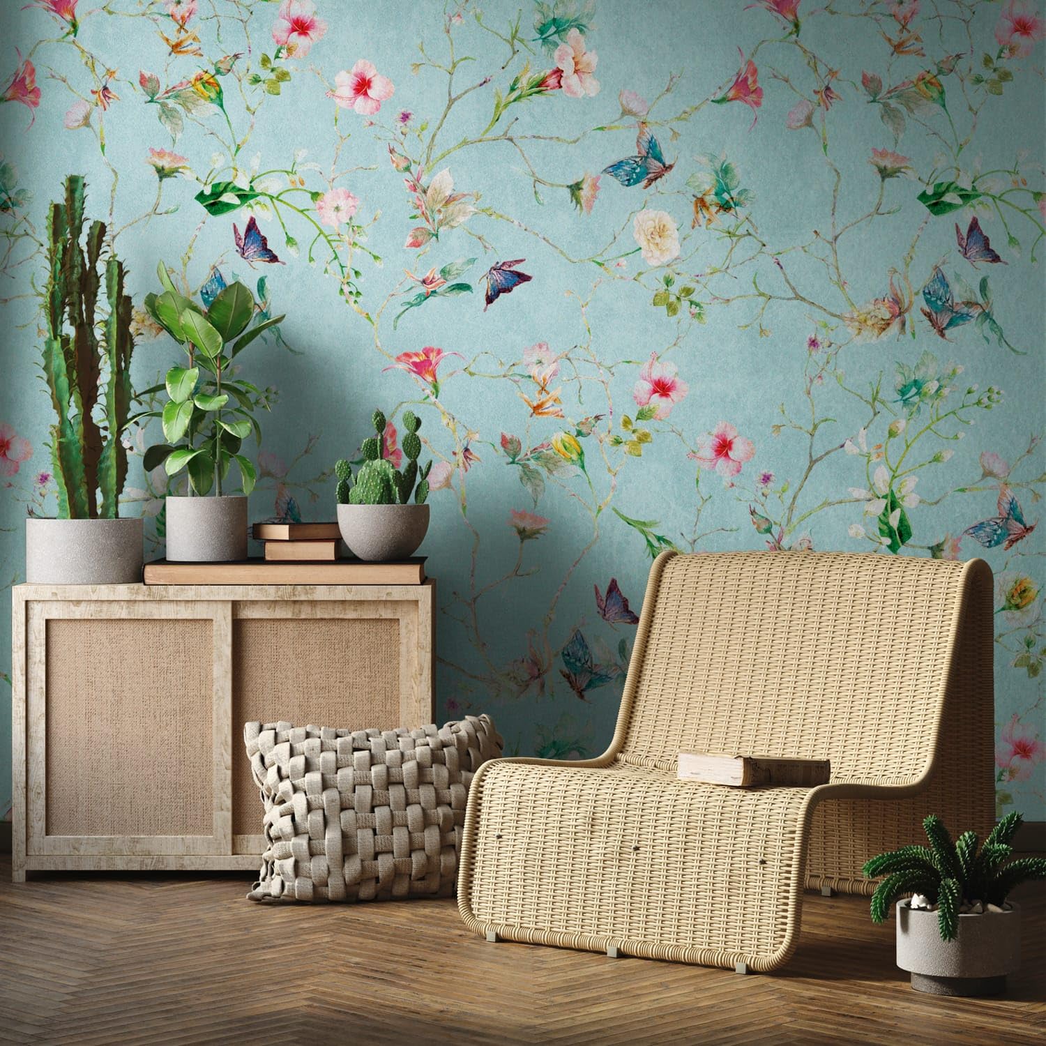 Papier peint intissé champêtre bleu et rose Profhome pour un salon lumineux