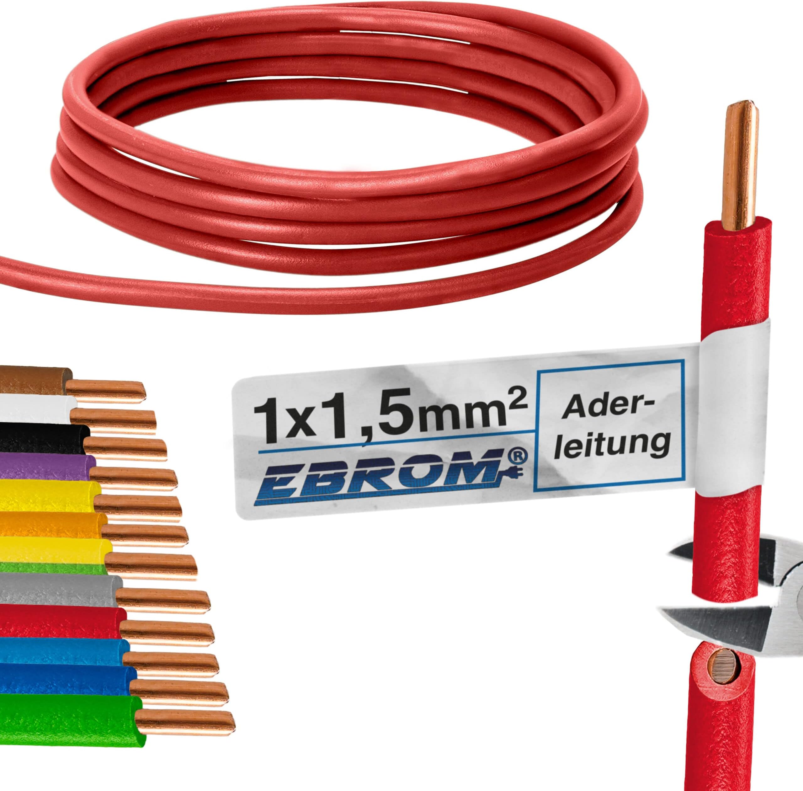 H07V-K Single Core Rigid PVC Conductor Cable 1.5mm² Red 10m/15m/20m/25m/30m/35m/40m/45m/50m/50m/50m/55m/55m/180ft/180ft/180ft/180ft/196.9 100 Months