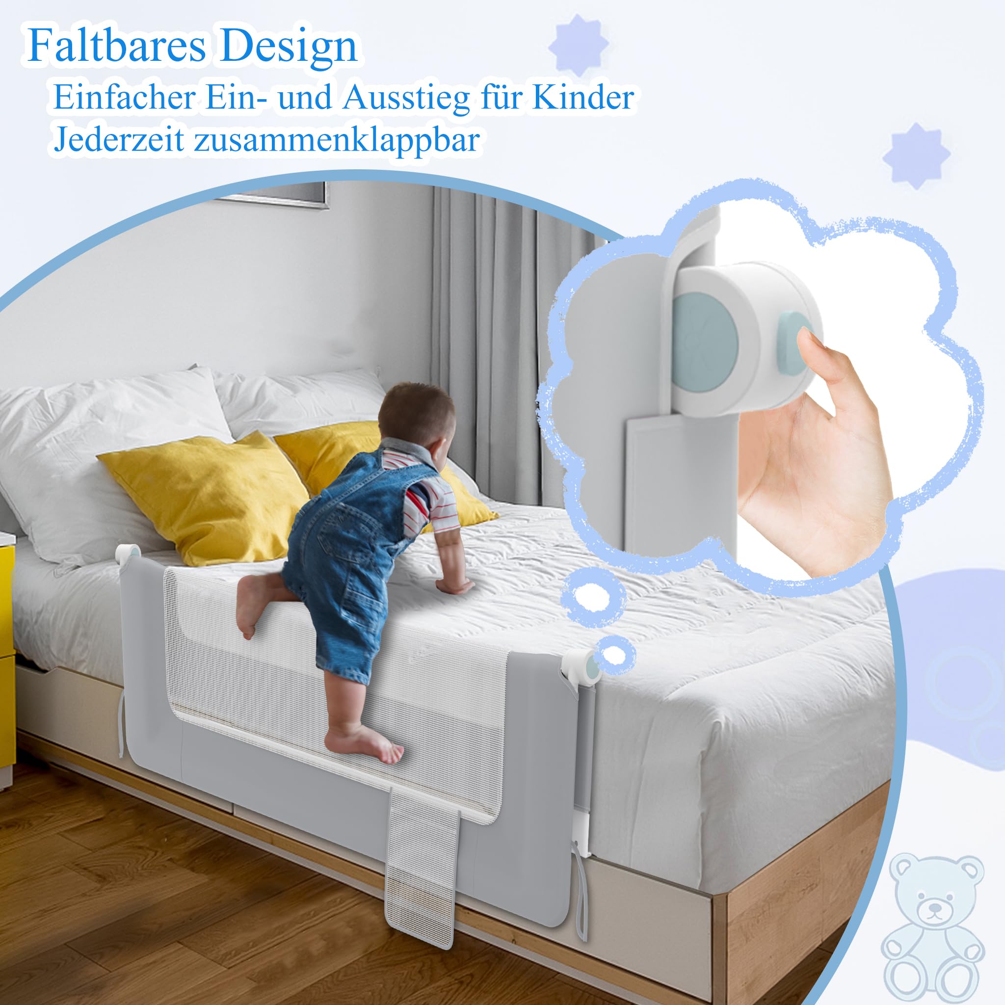 AufuN Barrera de cama portátil de 200 cm, plegable, para niños y bebés, plegable, portátil, protección contra caídas, para bebés y niños en la cama de padres, color gris