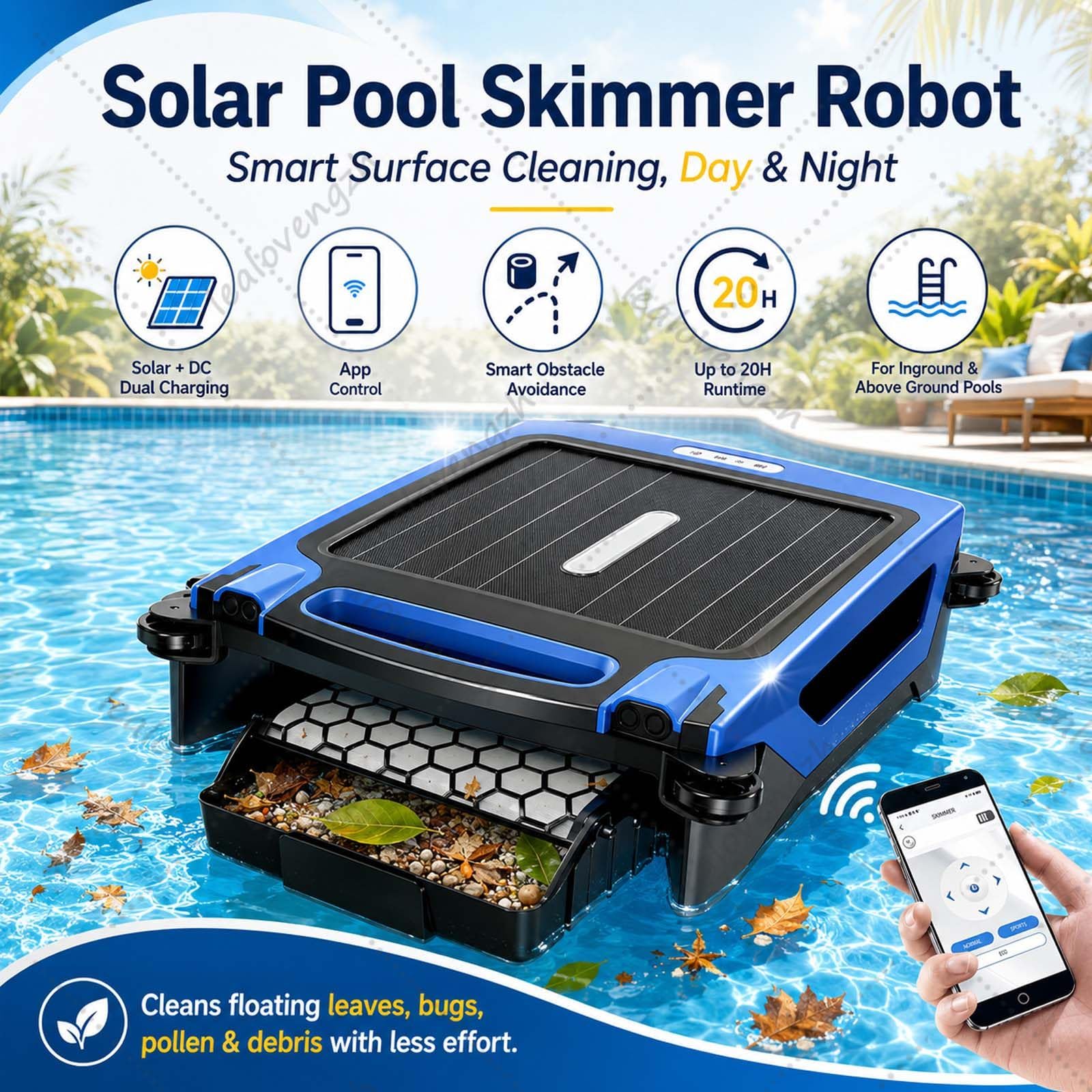 Robot Skimmer De Piscina Solar-Limpiador AutomáTico Superficie,Carga Dual Y Control Por App,Motor Sin Escobillas Resistente Al Agua Salada, Inteligente Evitar ObstáCulos,200m²,Cesta 4,1L Blue