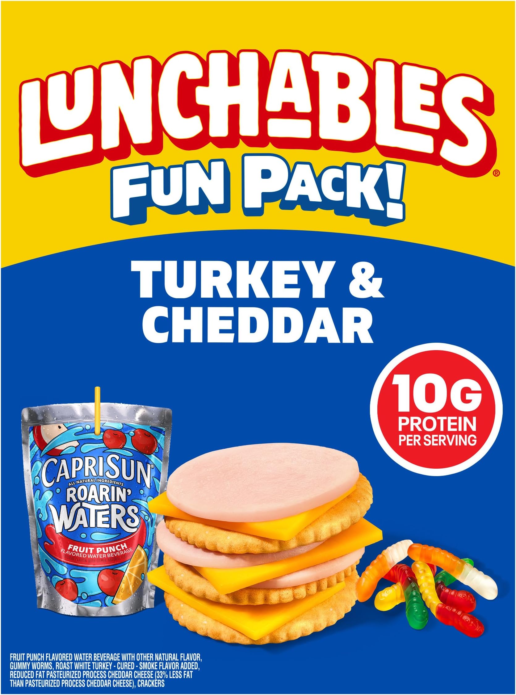 Lunchables Turkey & Cheddar with Capri Sun Roarin' Waters Fruit Punch and Gummy Worms Fun Pack, 3.2 oz & 6 fl oz Package