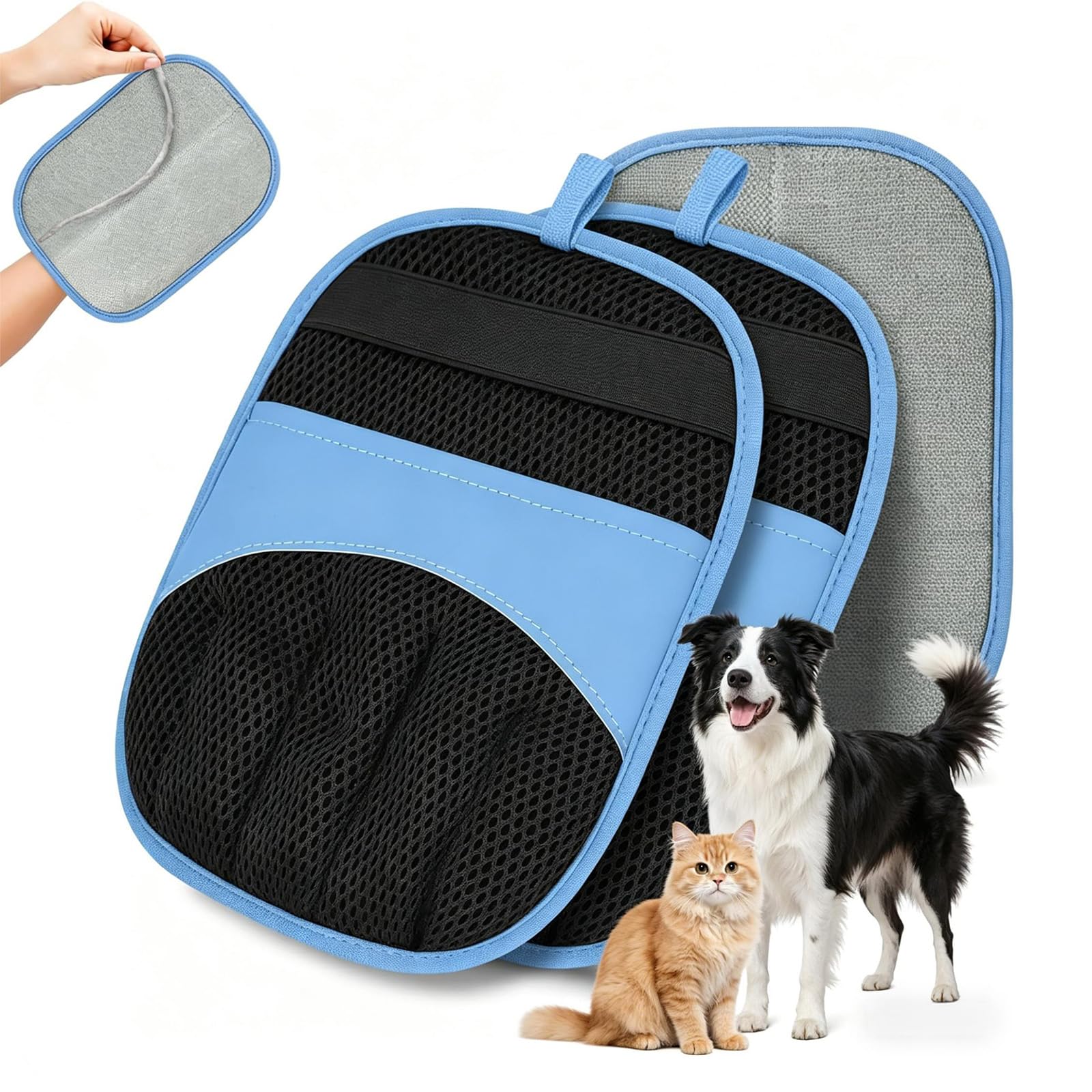 2 Pack Pet Hair Removal Glove, Five-Finger Electrostatic Glove, Reusable Pet Grooming Glove, Magic Brush Glove Deshedding Glove, Pet Hair Remover for Dog Cat, Furniture, Car Seat, Clothes (Blue)