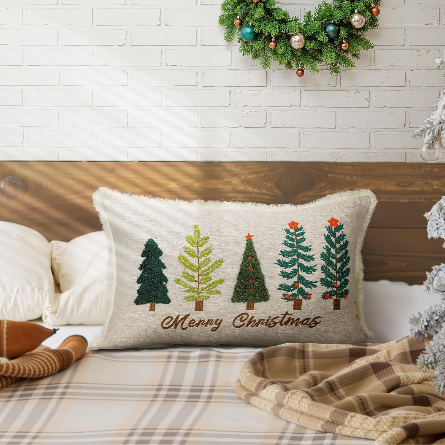 Lewondr 12''×20'' Christmas Pillow Cover, Exquisite Embroidery Christmas Tree Pillow Cover with Hidden Zipper, Lumbar Pillow Cover for Bed Home Decor Living Room Couch, 1 Pack
