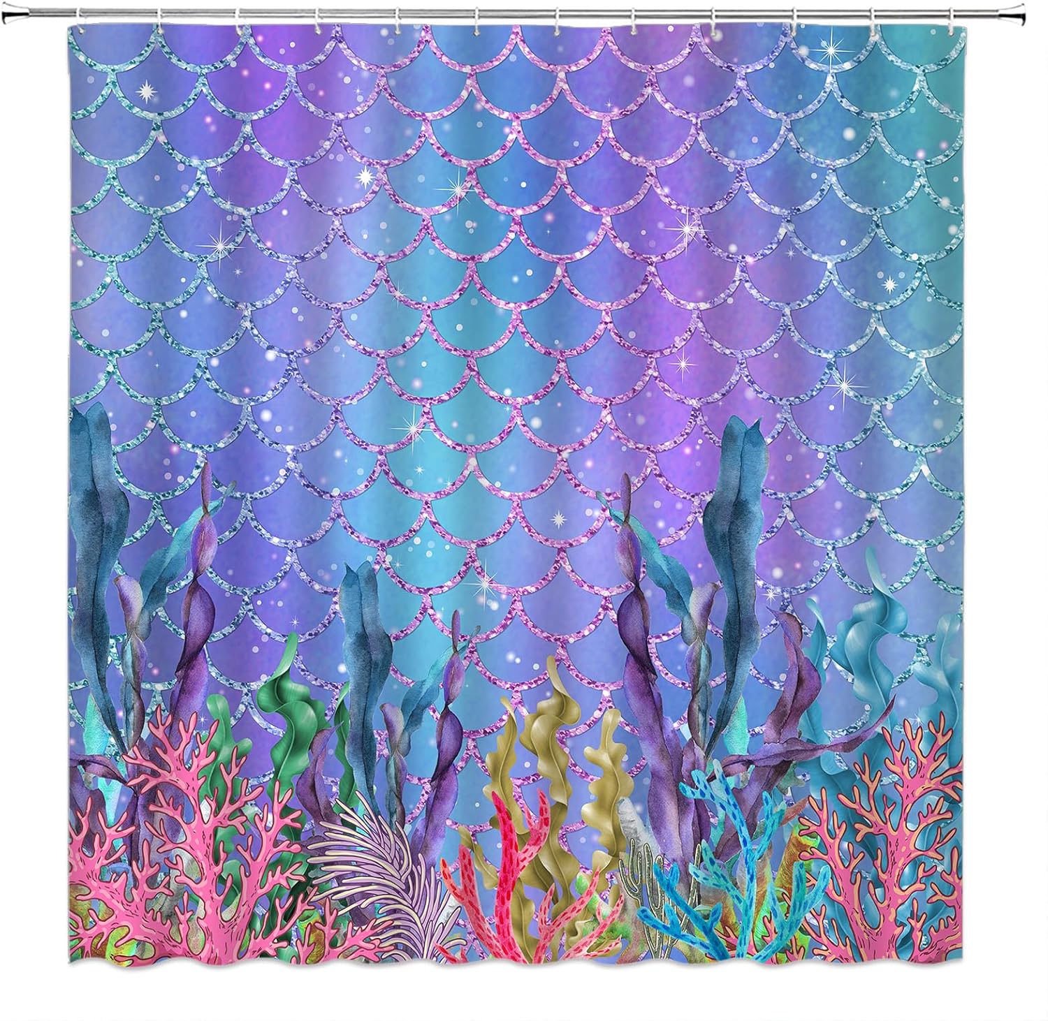 Mermaid Shower Curtain Blue Pink Mermaid Scales Ocean Coral Girls 3D Fabric Bathroom Decor Curtain with Hooks,70X96(WXH) Inches