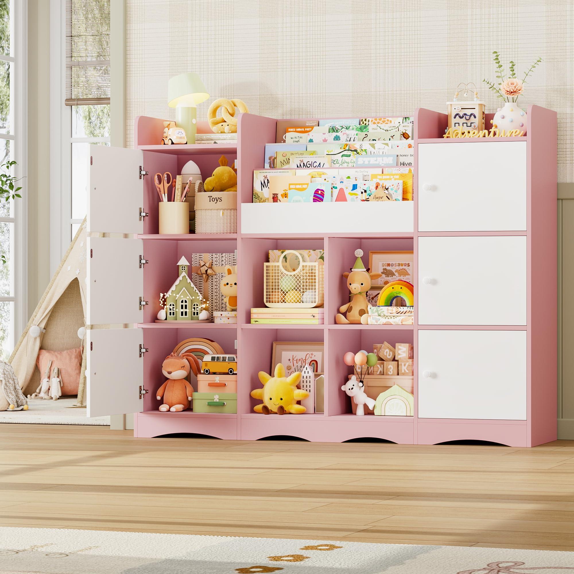 FOREHILL Organizer Giocattoli, Porta Giochi Bambini a 6 Scomparti con Ante, Mobile Porta Giochi a 4 Vani Portaoggetti Aperti, con Portariviste, per Cameretta e Sala Giochi, 140x30x106 cm (Rosa)