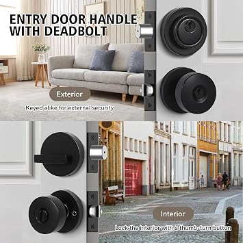 Door Knob and Single Cylinder Deadbolt Combo Set, Front Door Lock Set, Exterior Door Lock Set with Deadbolt, Keyed Alike, Matte Black (1Pack Set)