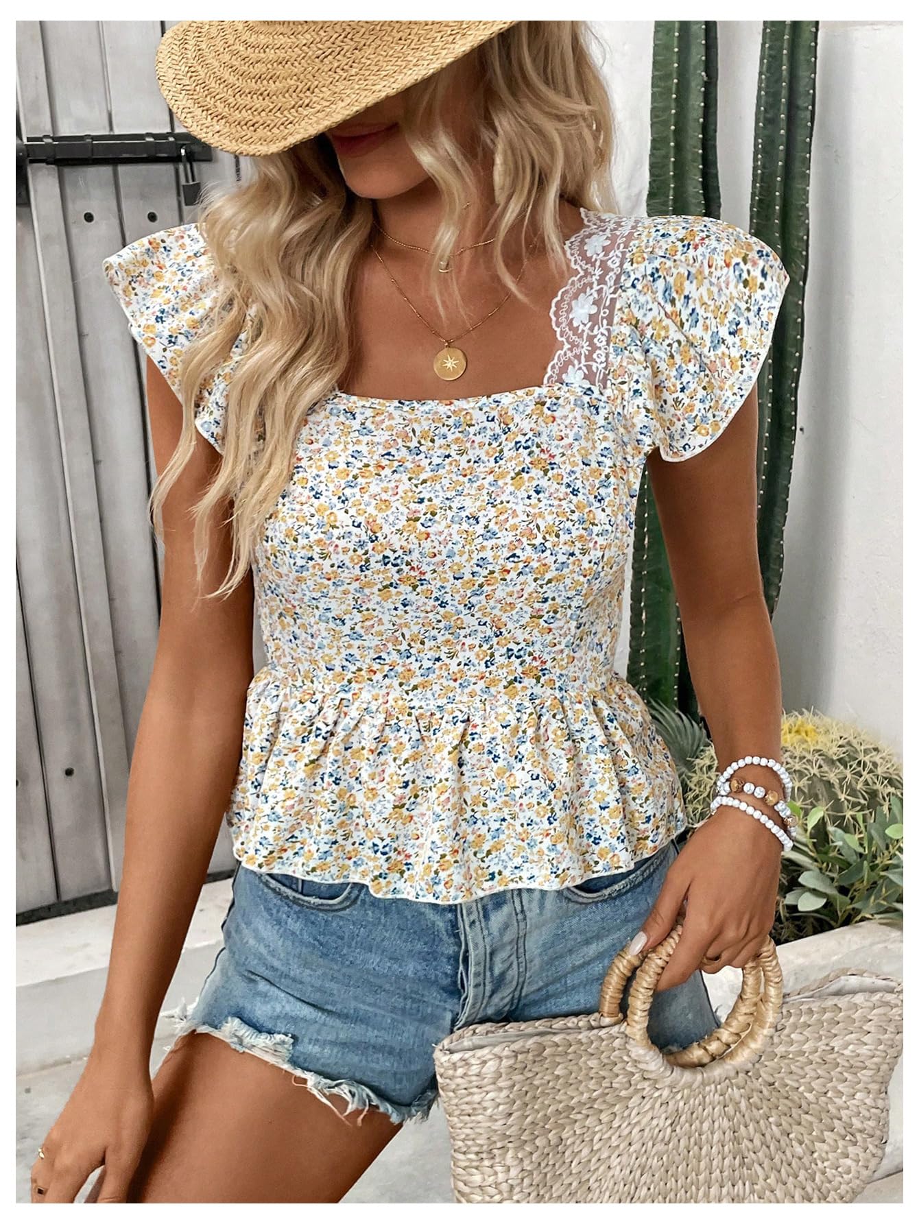 SweatyRocks Women's Floral Printed Lace Blouses Tie Back Ruffle Sleeve Square Neck Peplum Tops