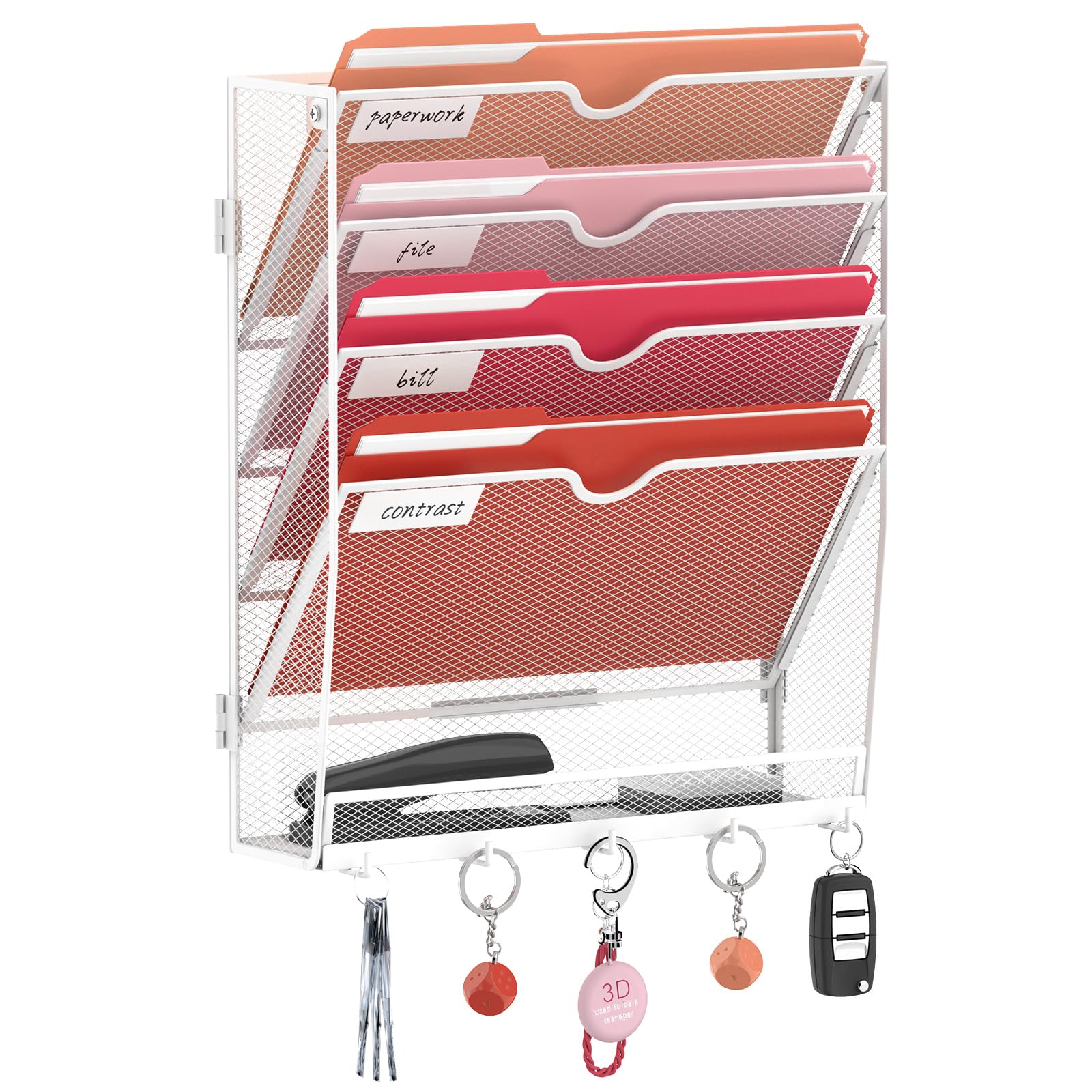 RITOLLO 5 Tier Wall File Organizer - Hanging File Organizer with 5 Hooks, Mail Holder Wall Mounted for Papers, Folders, Magazines, Bills, Office&School Organization (5 Tier-White)