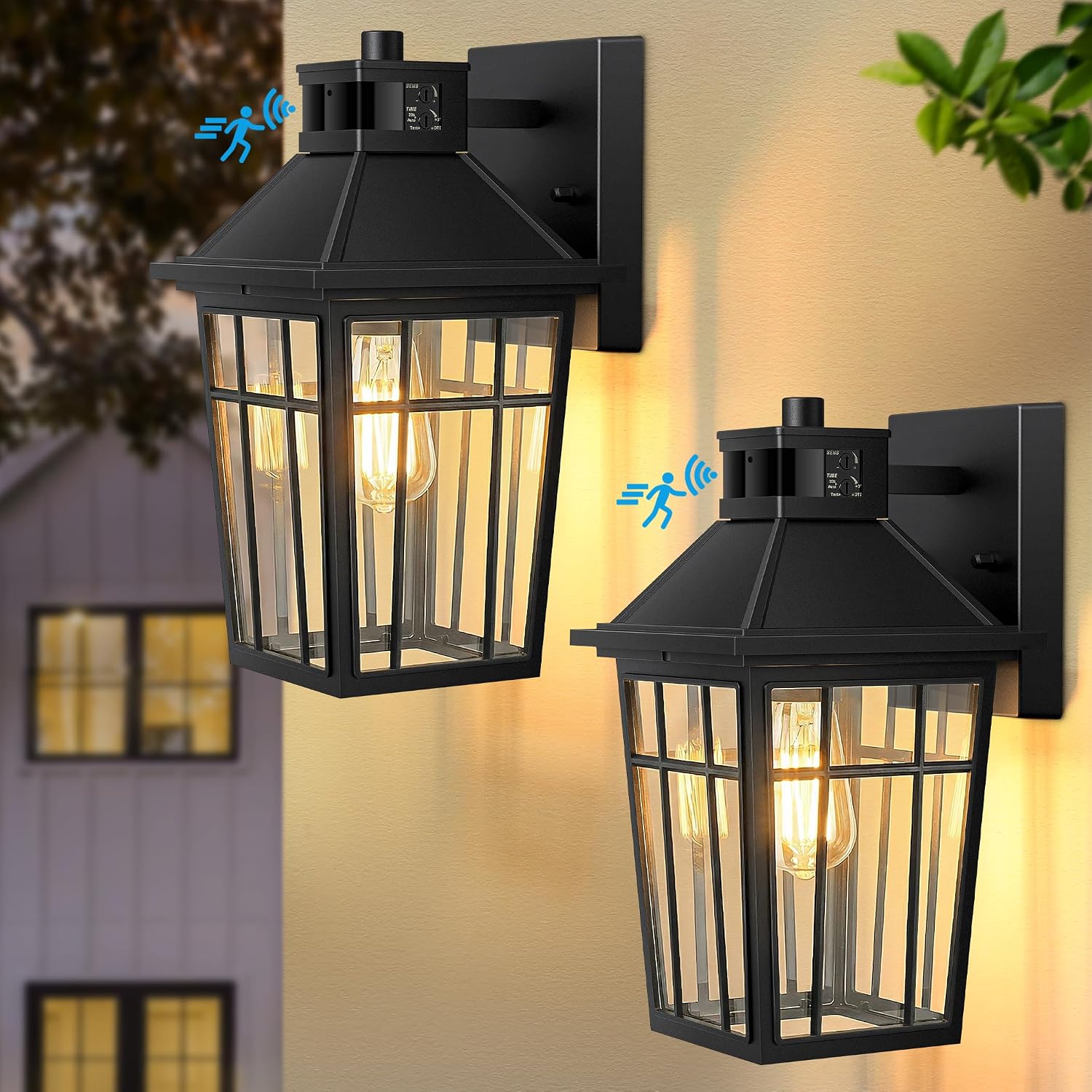Lotsky Motion Sensor Outdoor Wall Lights, Dusk to Dawn Porch Light 2 Packs, Aluminum Waterproof Exterior Lighting Fixture, Black Farmhouse Outside Sconces for Front Door, Garage, Patio