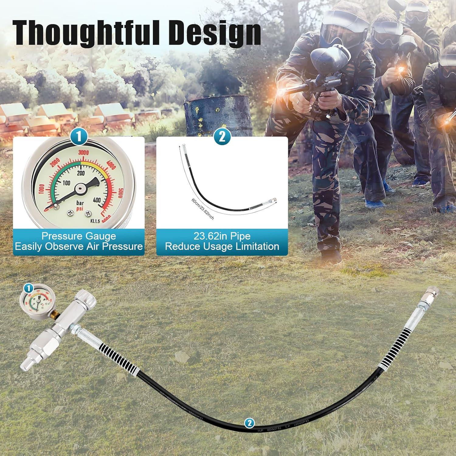 Air Refill Adapter with 6000 PSI Pressure Gauge, PCP SCBA Paintball Fill Station Kit for Diving Paintball Cylinders, High Pressure Submersible Gas Cylinder Filling Valve for Scuba Fire Fighting