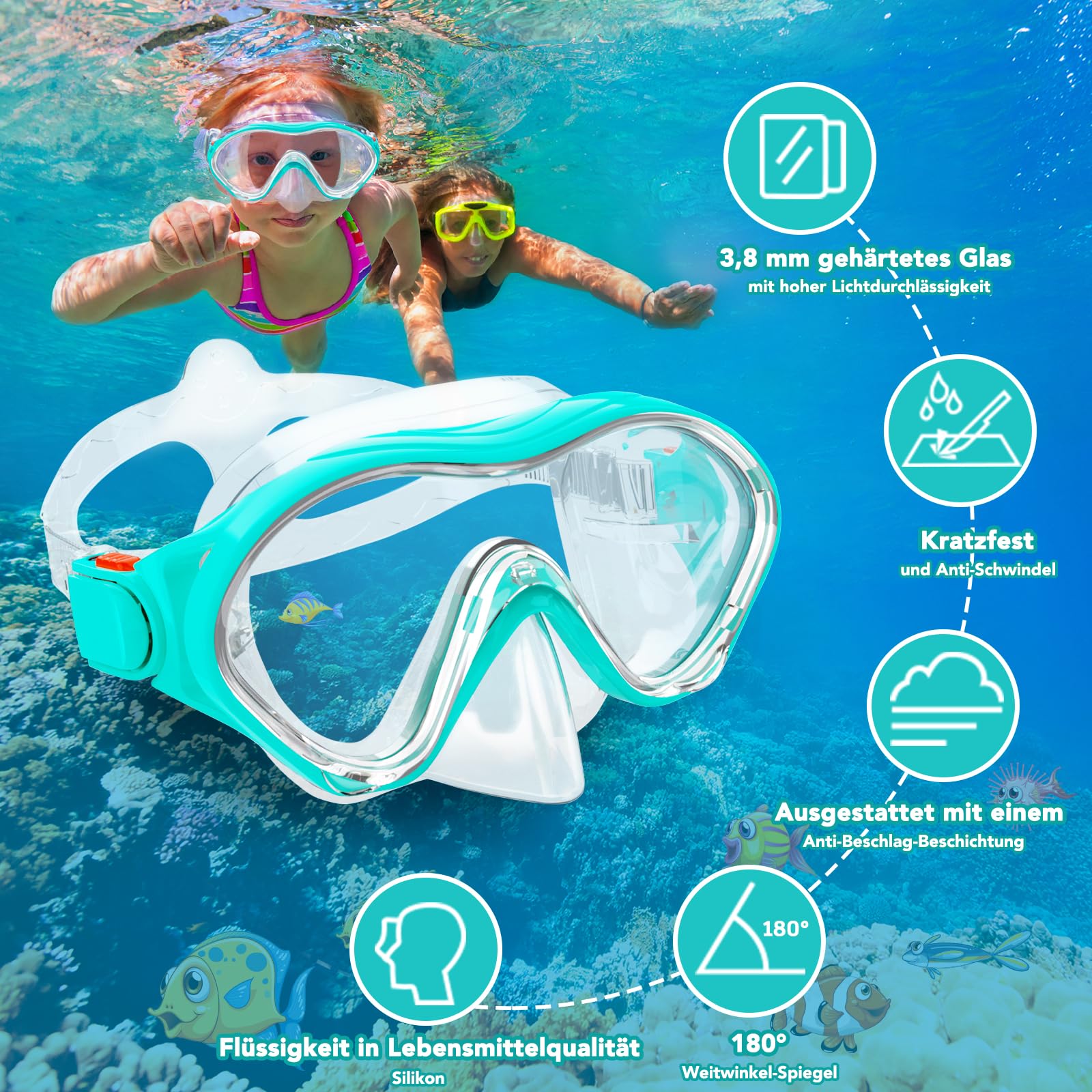 Schnorchelset Kinder mit Flossen, 180° Anti-Fog Panorama Weitblick Taucherbrille Kinder, Verstellbaren Schwimmflossen, Hochwertige Tauchermaske und Dry Top Schnorchel für Schwimmen