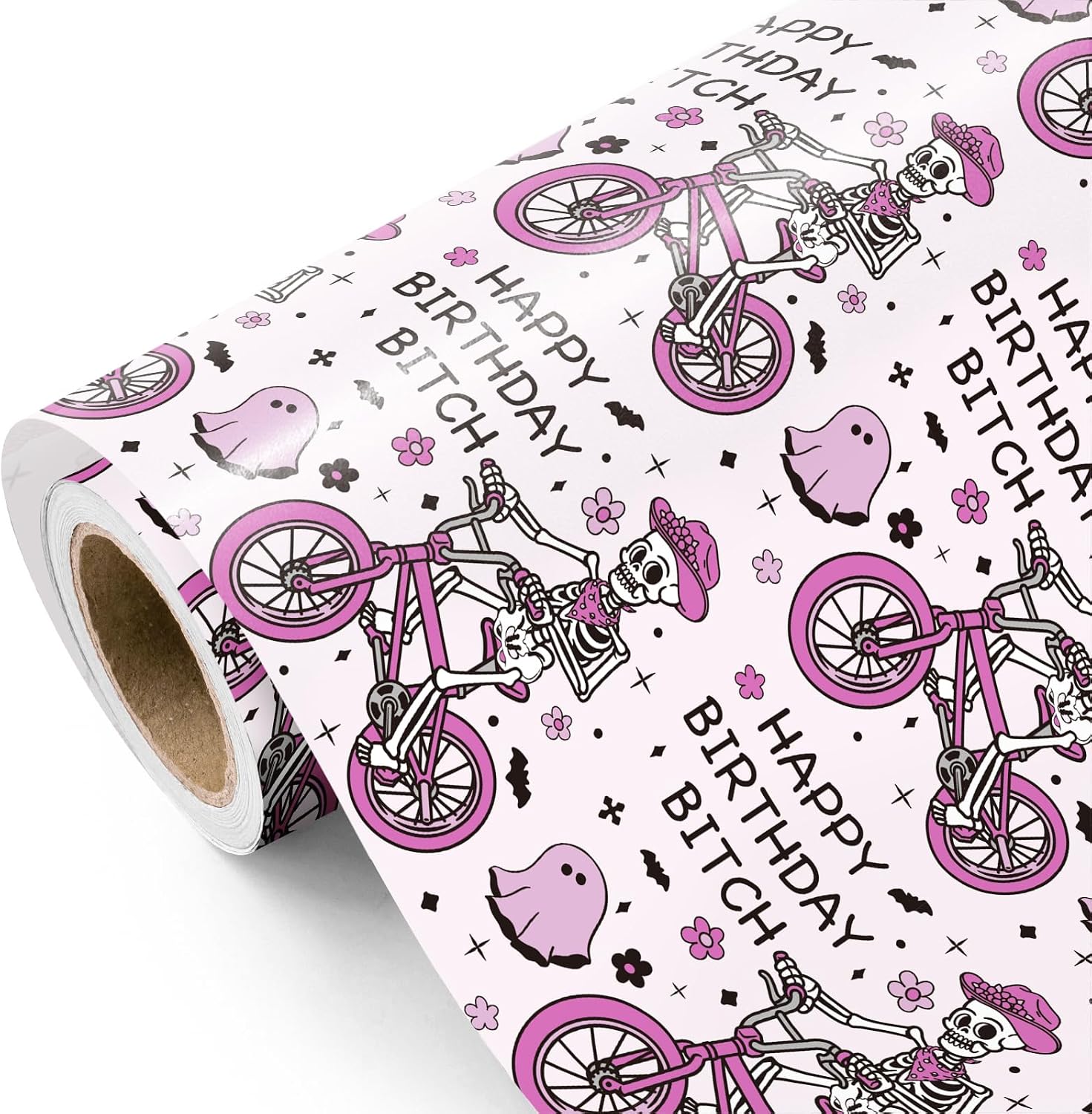 WRAPAHOLIC Skulls Birthday Wrapping Paper - Mini Roll - 17 Inch x 16.5 Feet - Gothic Pink Skeleton Funny Design for Halloween Theme Party, Girls Women Birthday