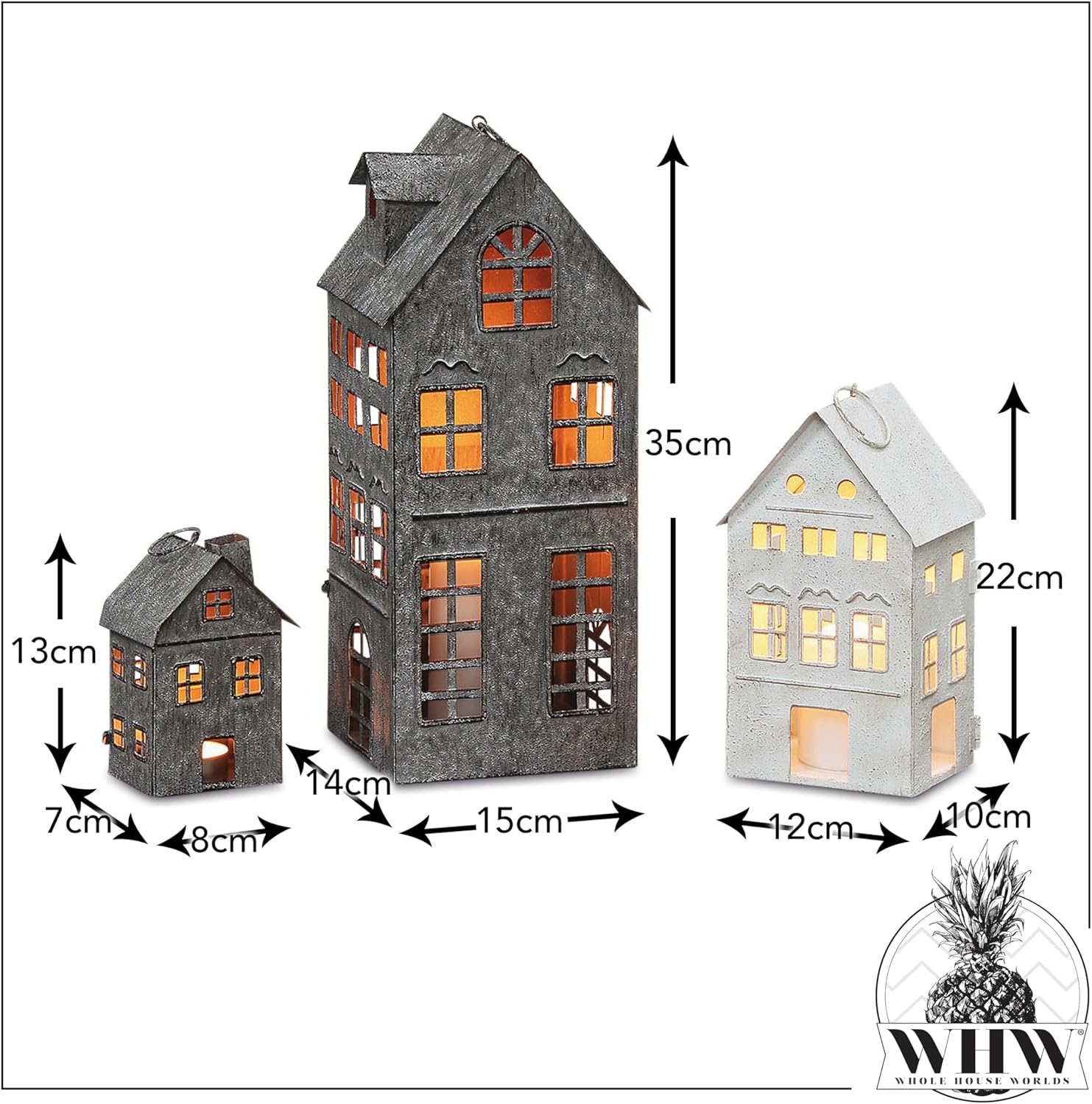 Americana Main Street Town House Candle Lanterns, Set of 3, Vintage Style, Weathered White and Rustic Gray, Metal, Hinged Doors, 14 1/2, 8 3/4 and 5 1/8 Inches Tall