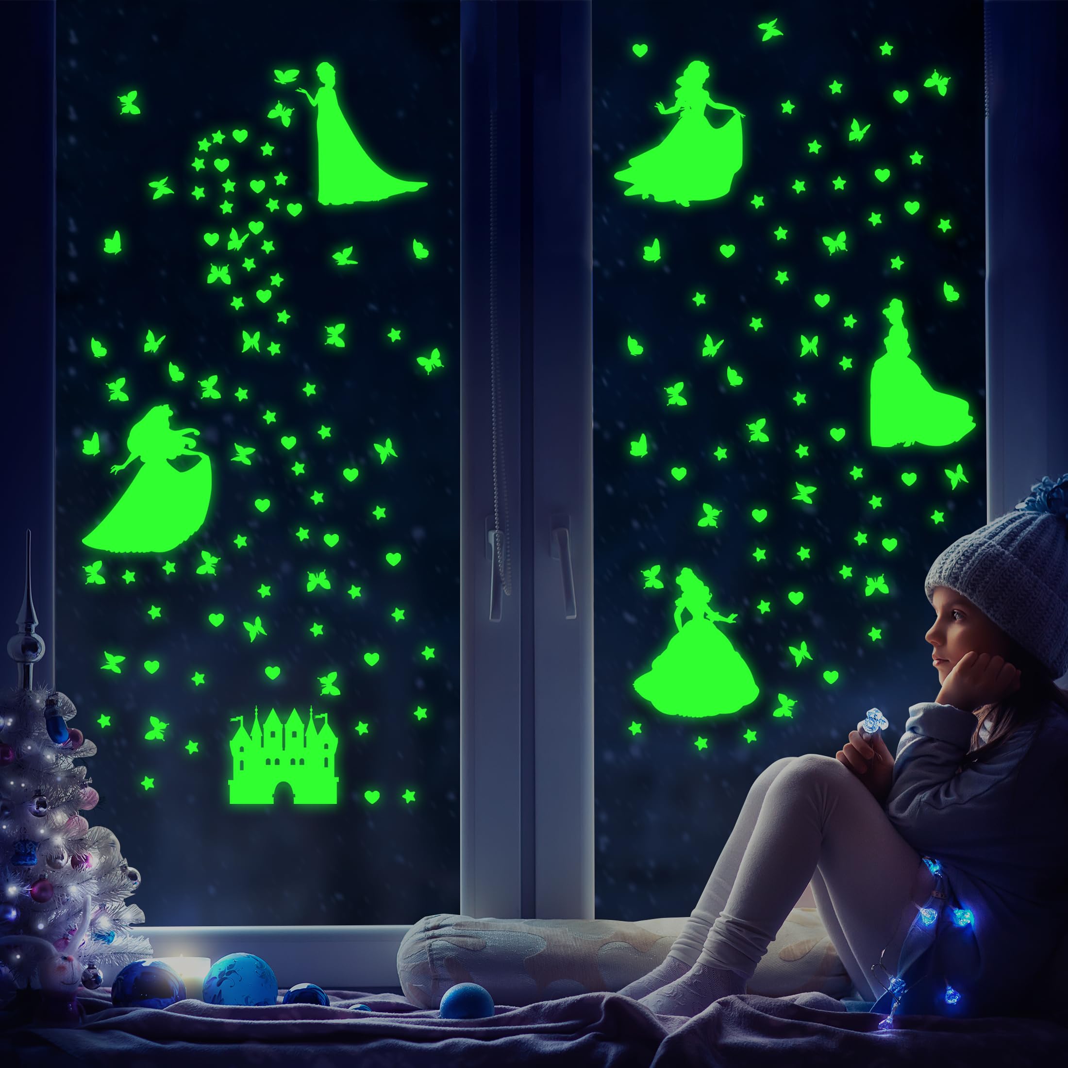 Adhesivo de pared que brilla en la oscuridad, diseño de castillo de princesa, estrella y mariposa, para habitación de niña, calcomanía fluorescente para techo y guardería (verde)