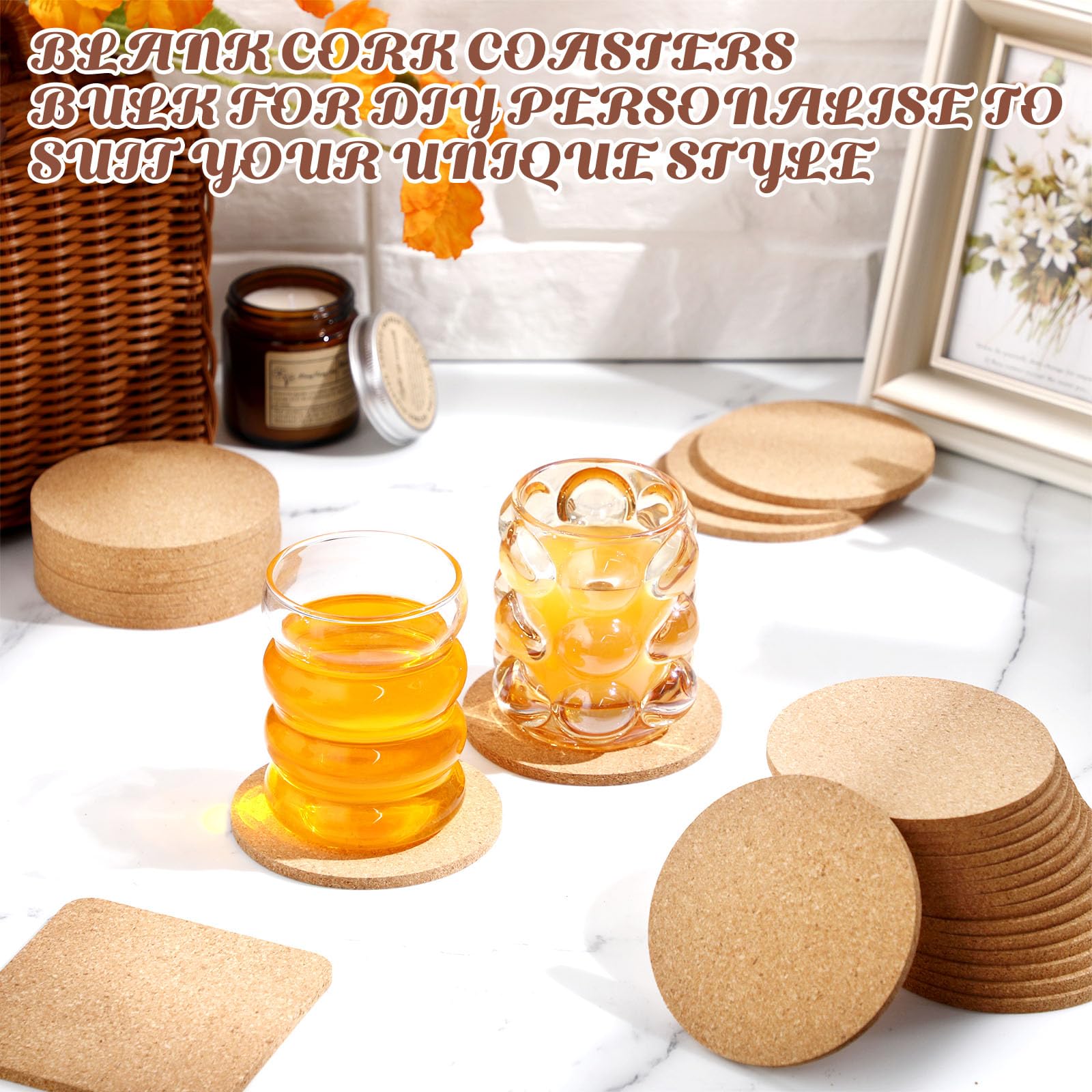Layhit Lot de 300 dessous de verre en liège absorbants de 10,2 cm pour cuisine, bureau, assiette, verre à vin, tasse, cottage, loisirs créatifs (carrés et rondes)